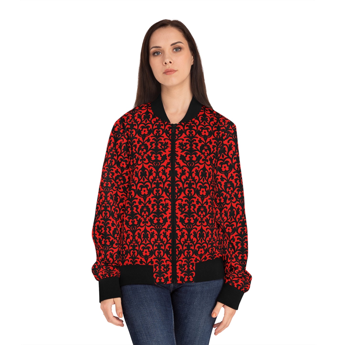 Red Victorian Gothic Damask Women's Bomber Jacket (AOP)
