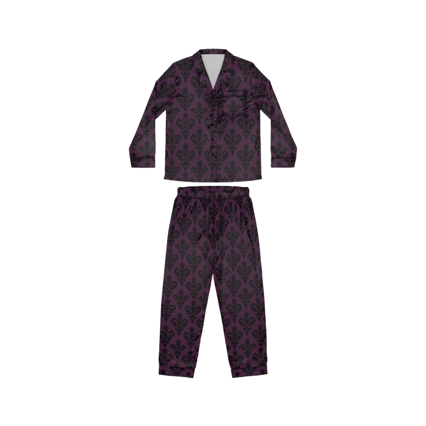 Purple and Black Victorian Damask Pattern Women's Satin Pajamas (AOP)