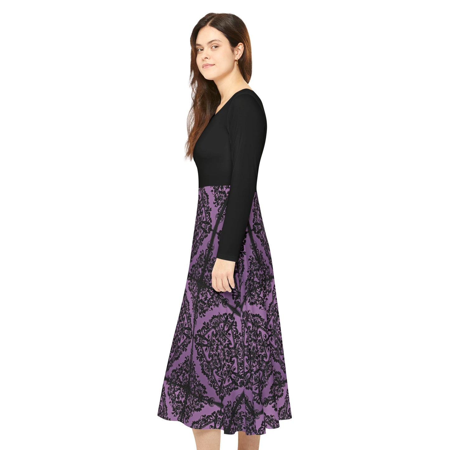 Intricate Black and Purple Pattern Women's Long Sleeve Dance Dress (AOP)