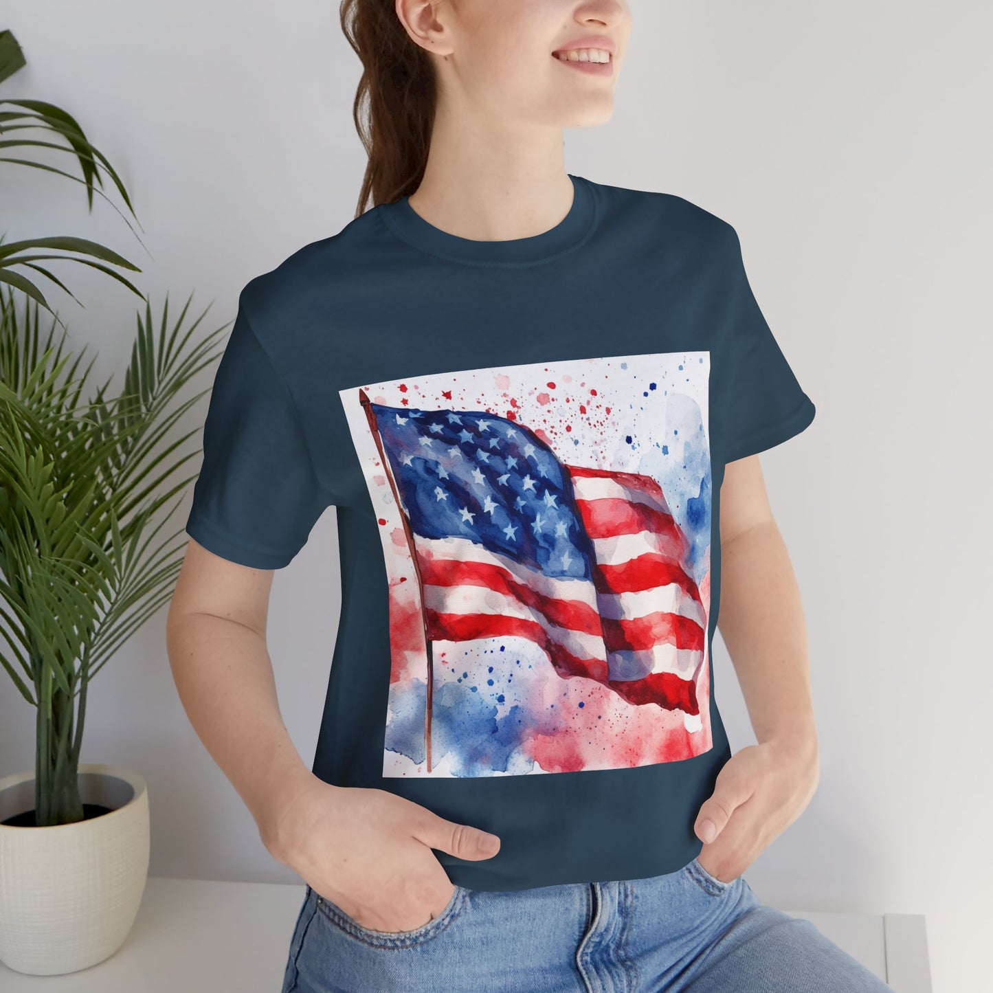 Patriotic Watercolor Flag Tee - Unisex Short Sleeve Shirt for Independence Day