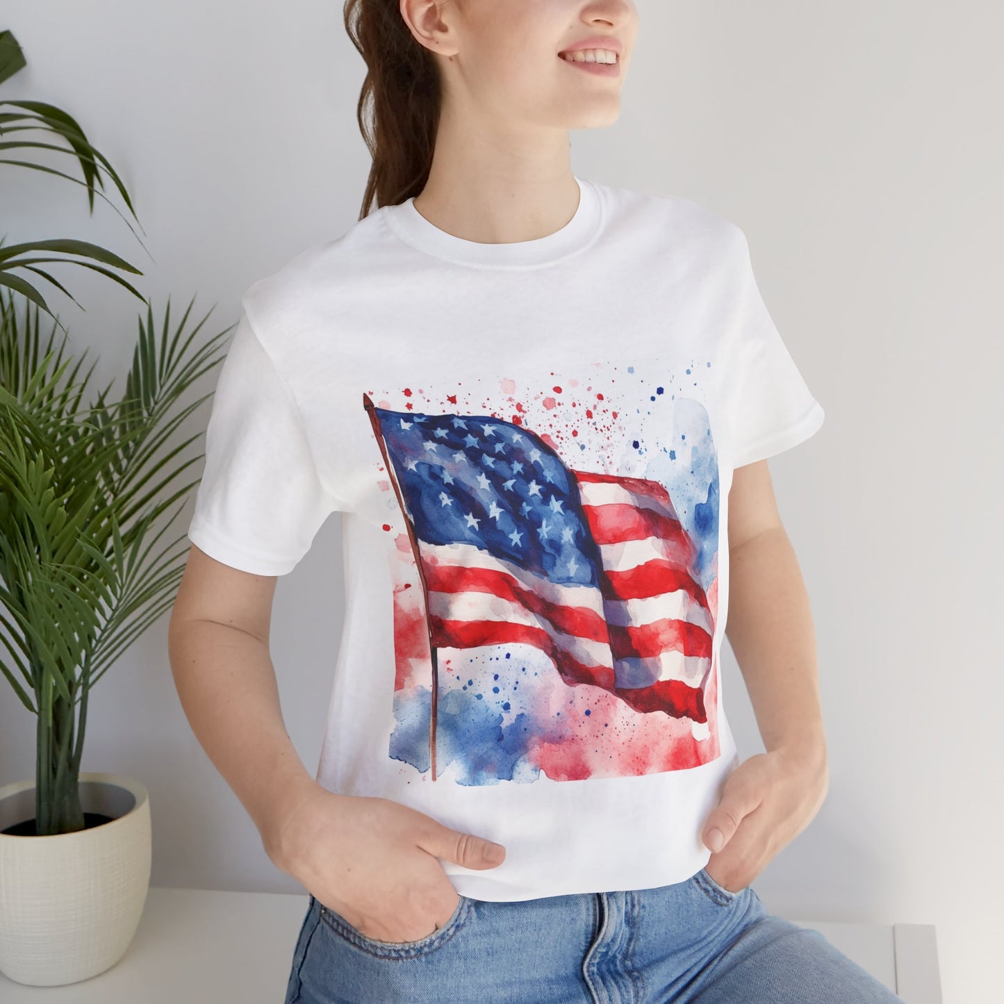 Patriotic Watercolor Flag Tee - Unisex Short Sleeve Shirt for Independence Day