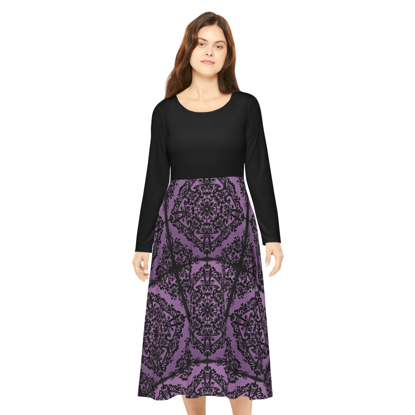 Intricate Black and Purple Pattern Women's Long Sleeve Dance Dress (AOP)
