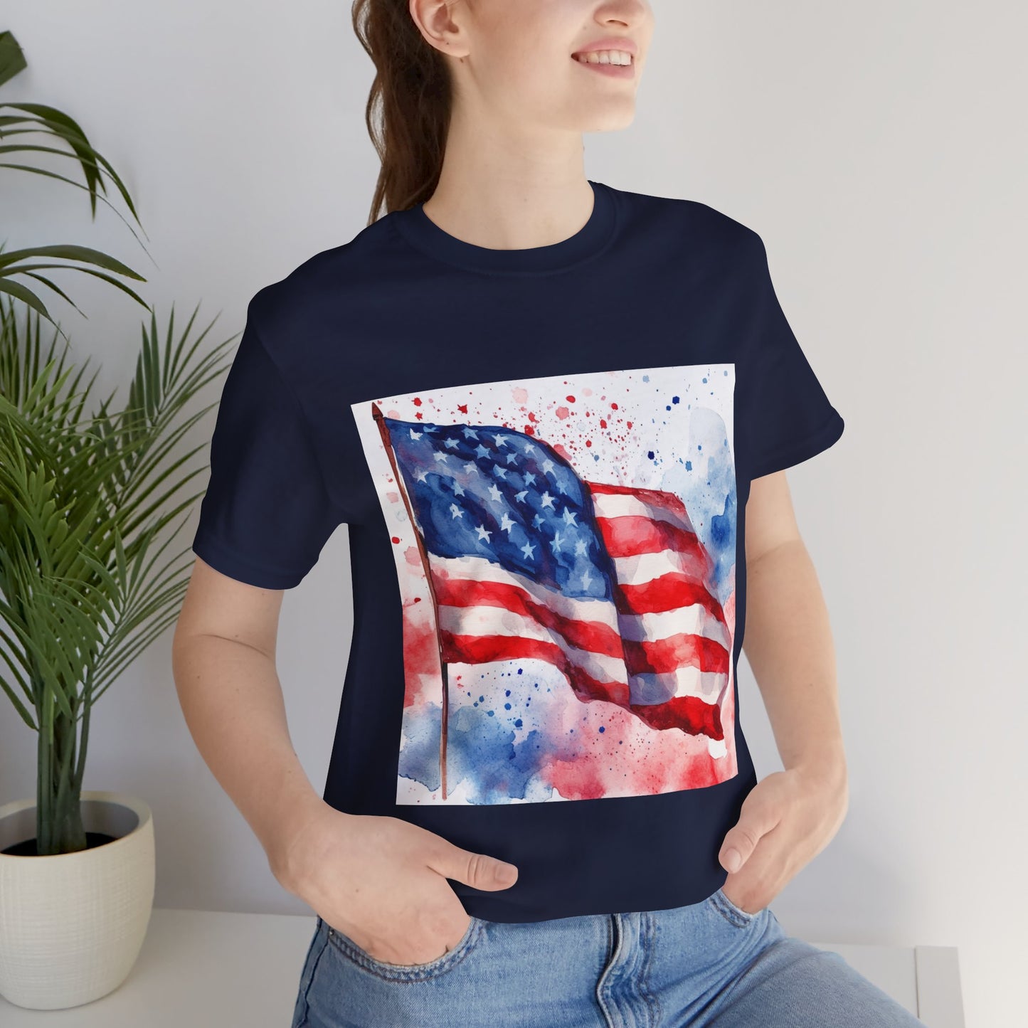 Patriotic Watercolor Flag Tee - Unisex Short Sleeve Shirt for Independence Day