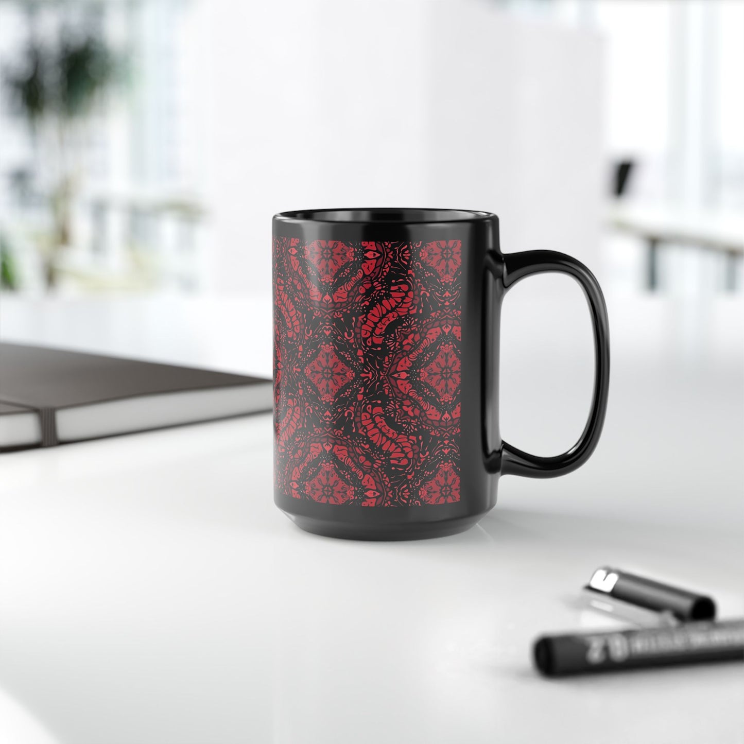 Intricate Red and Black Lace Pattern Black Mug (11oz, 15oz)