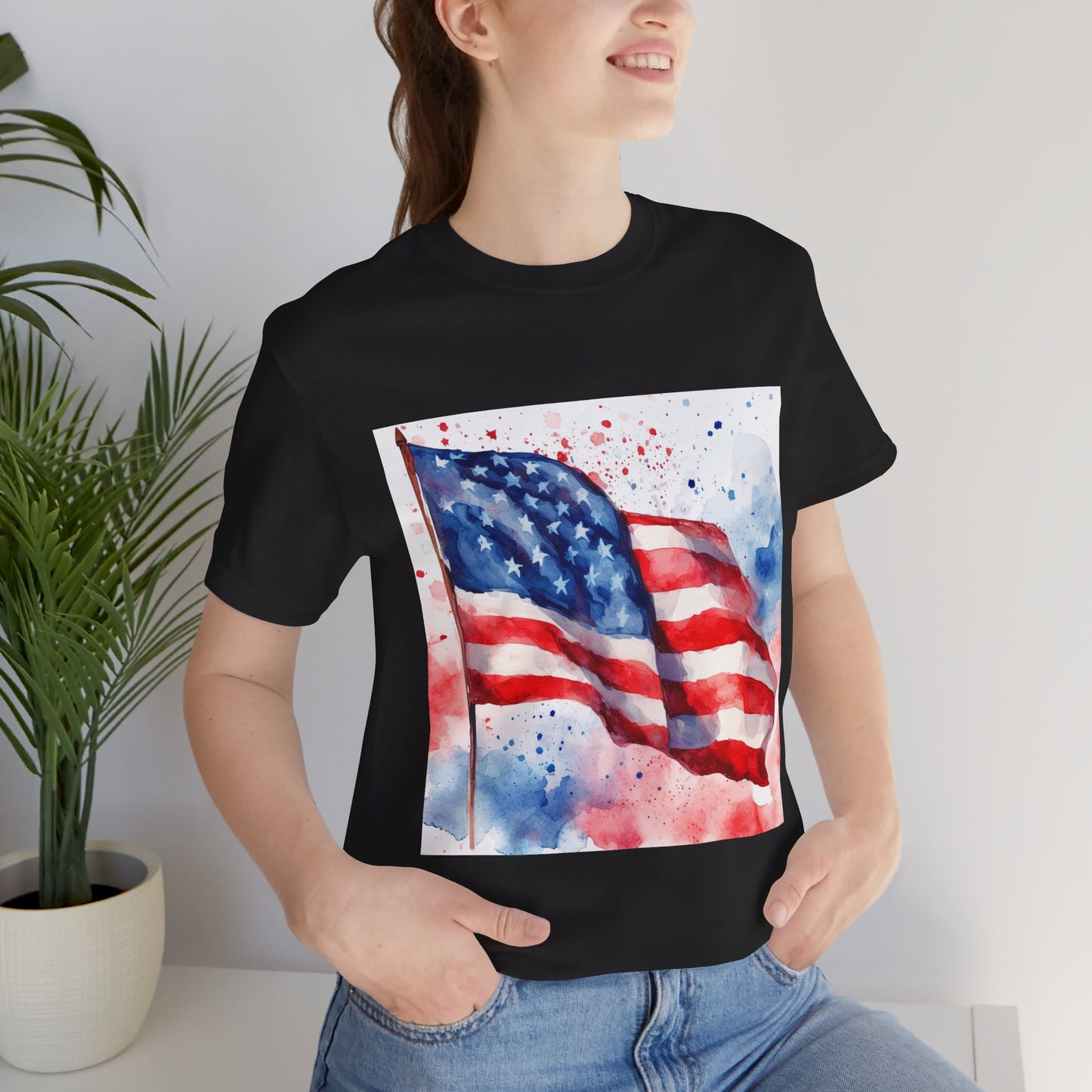 Patriotic Watercolor Flag Tee - Unisex Short Sleeve Shirt for Independence Day