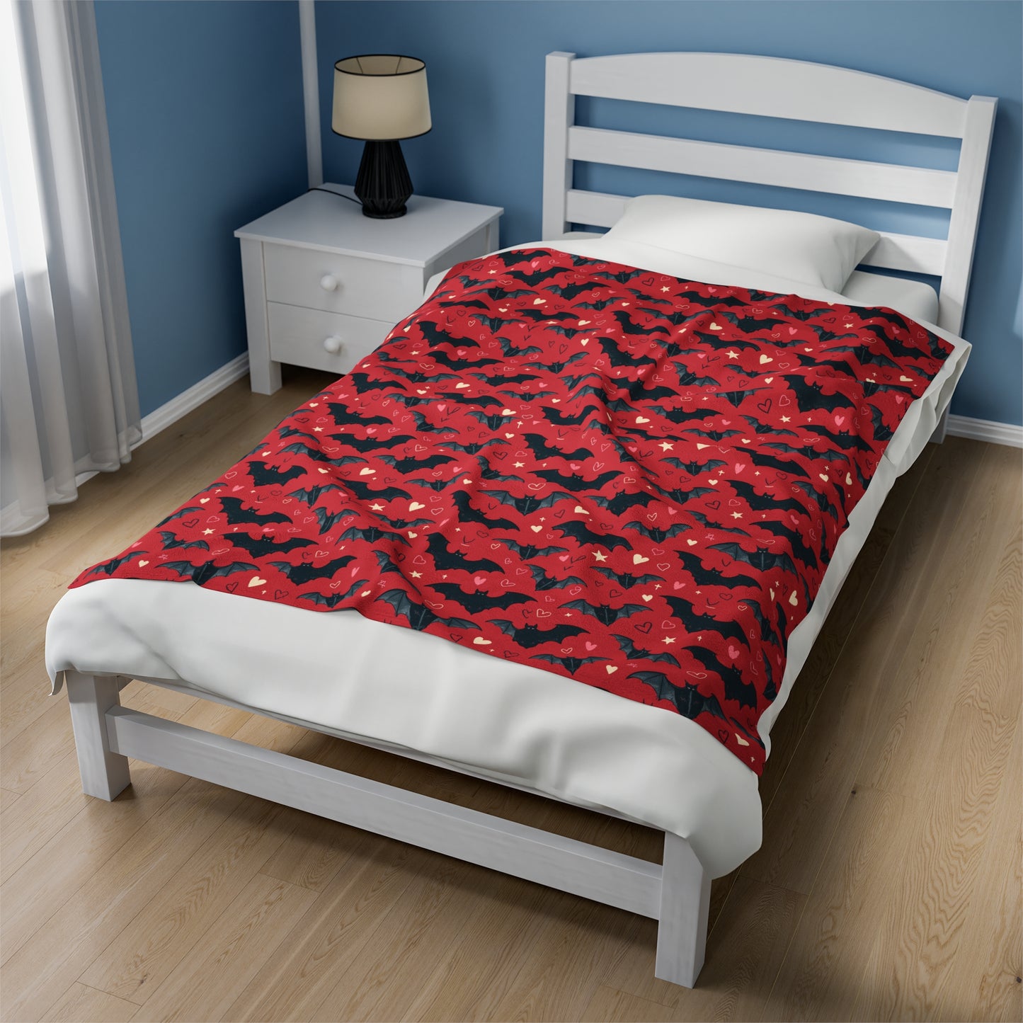 Velveteen Blanket - Gothic Style Cozy Blanket with Bats and Hearts