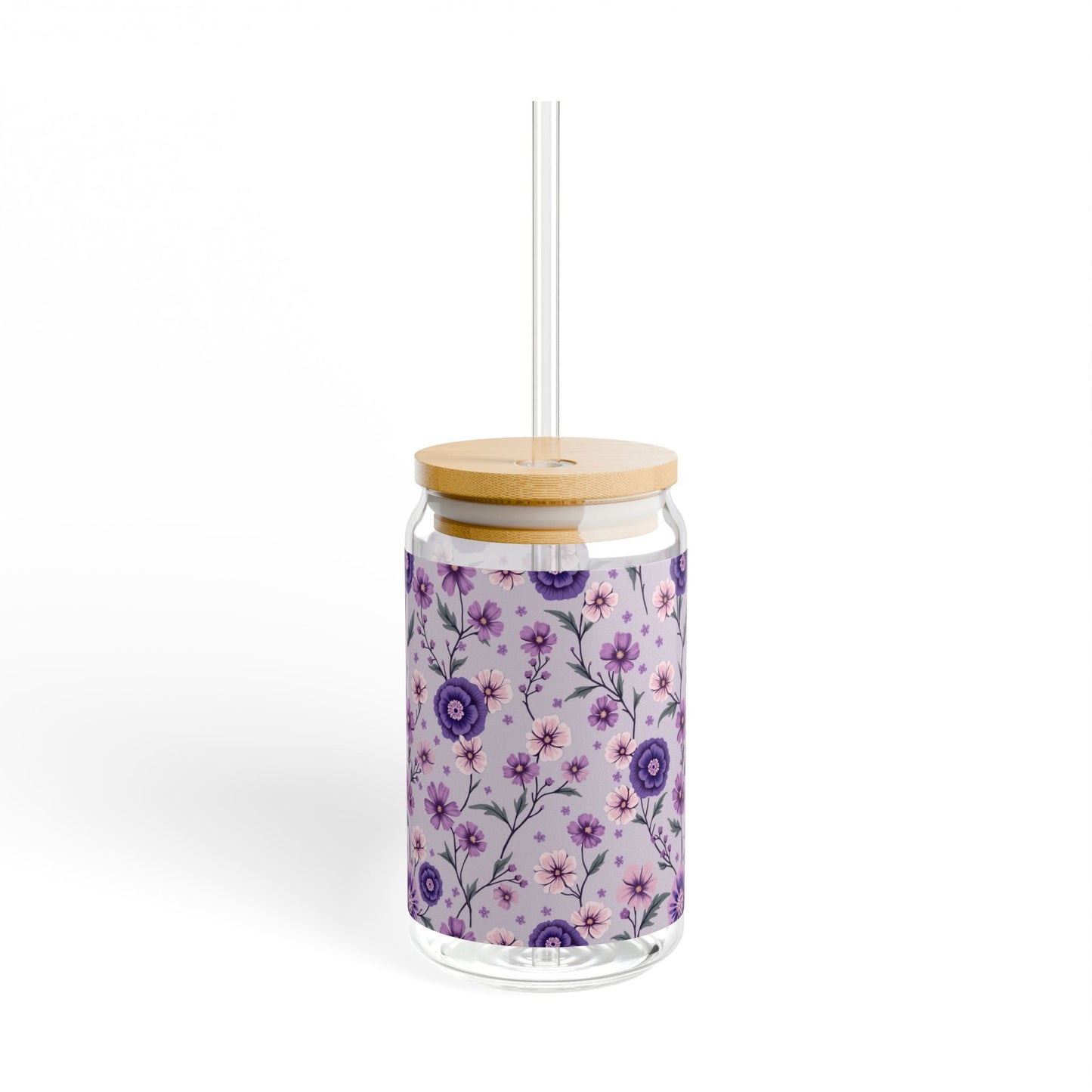 Purple Floral 16oz Sipper Glass with Bamboo Lid - Perfect for Home and Gifts