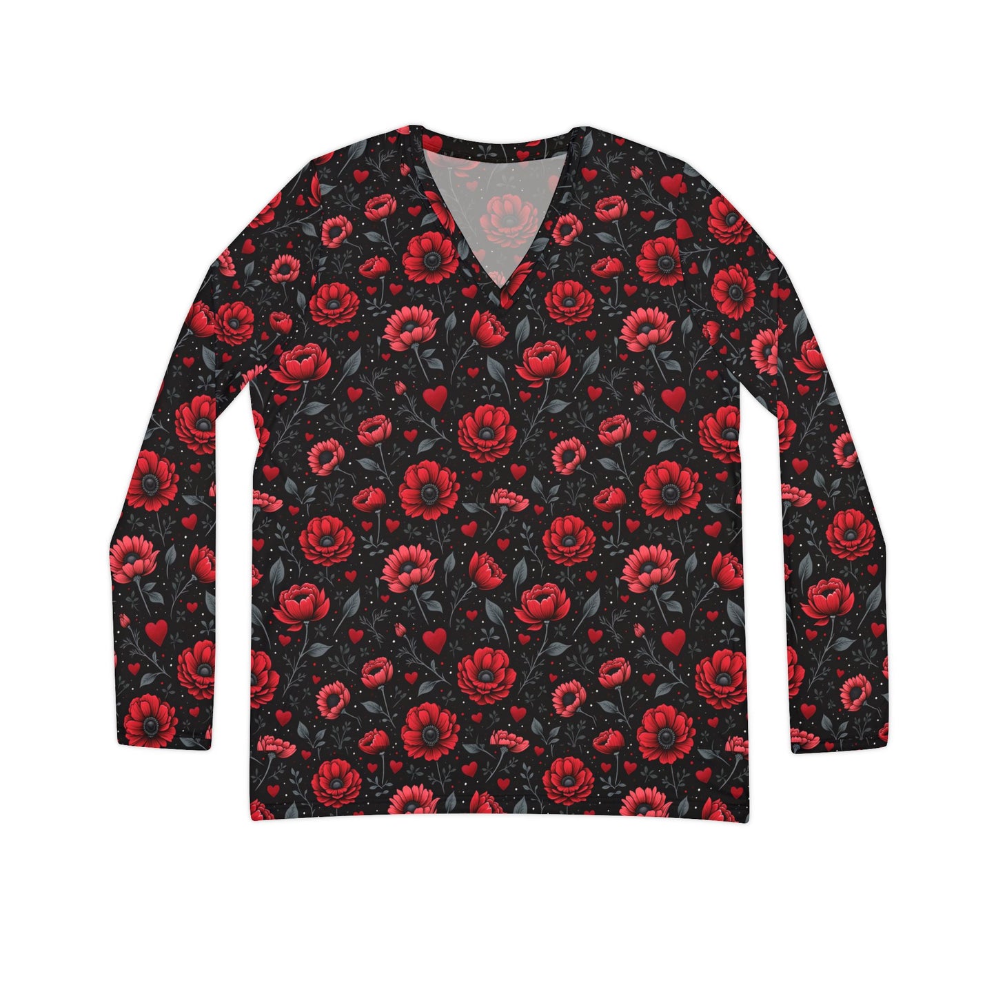 Black Long Sleeve Shirt with Bright Red Flowers