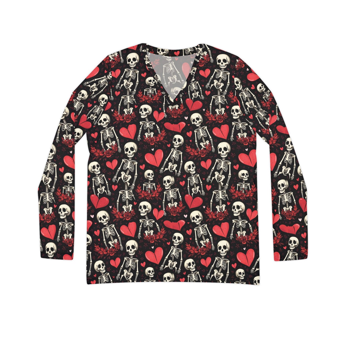 Skulls and Hearts Women's Long Sleeve V-neck Shirt (AOP)