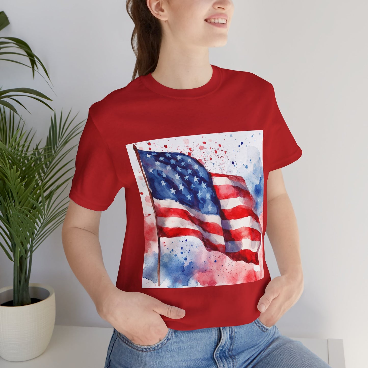 Patriotic Watercolor Flag Tee - Unisex Short Sleeve Shirt for Independence Day
