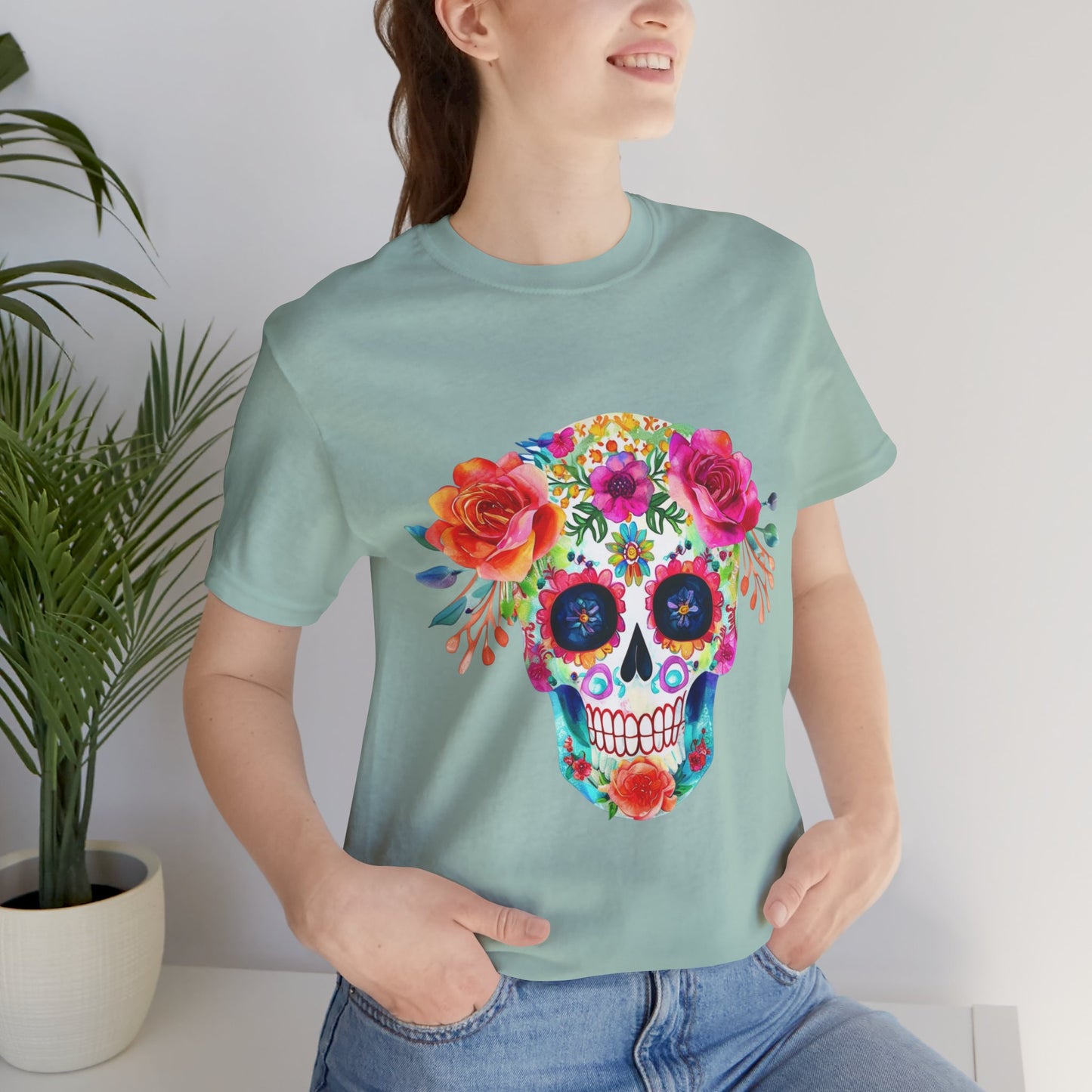 Day of the Dead Floral Sugar Skull Unisex Jersey Short Sleeve Tee