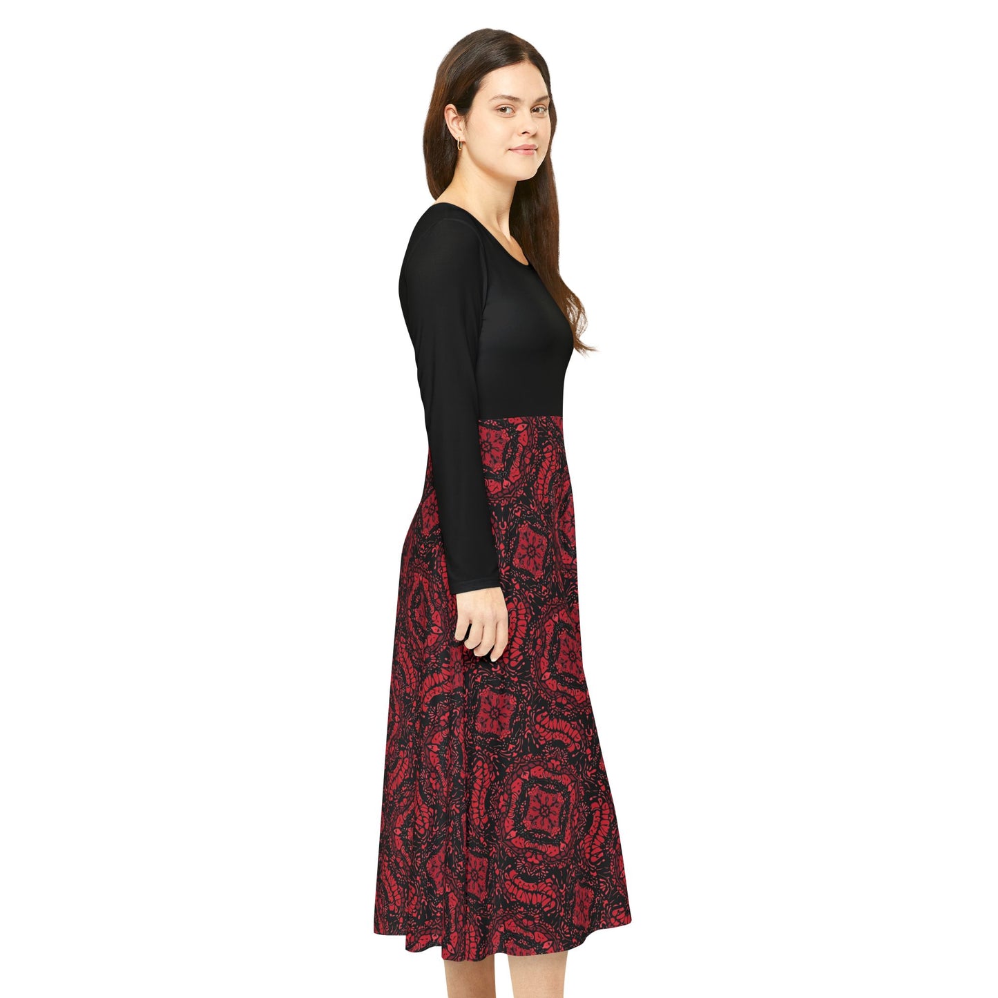 Intricate Red and Black Lace Pattern Women's Long Sleeve Dance Dress (AOP)