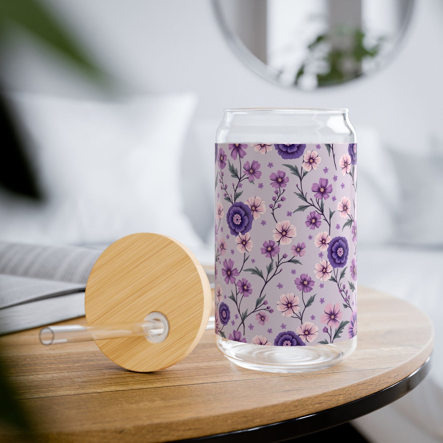 Purple Floral 16oz Sipper Glass with Bamboo Lid - Perfect for Home and Gifts