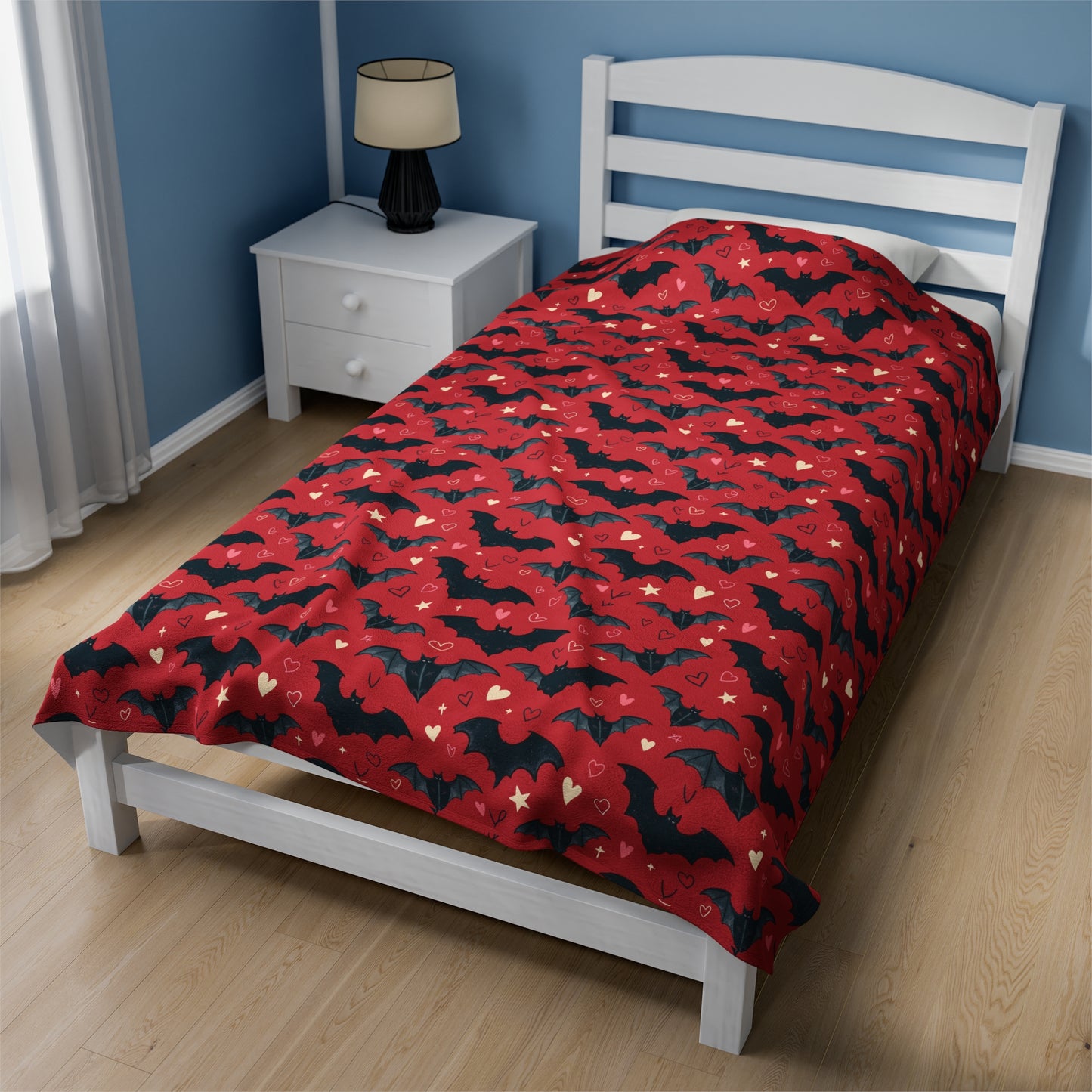 Velveteen Blanket - Gothic Style Cozy Blanket with Bats and Hearts