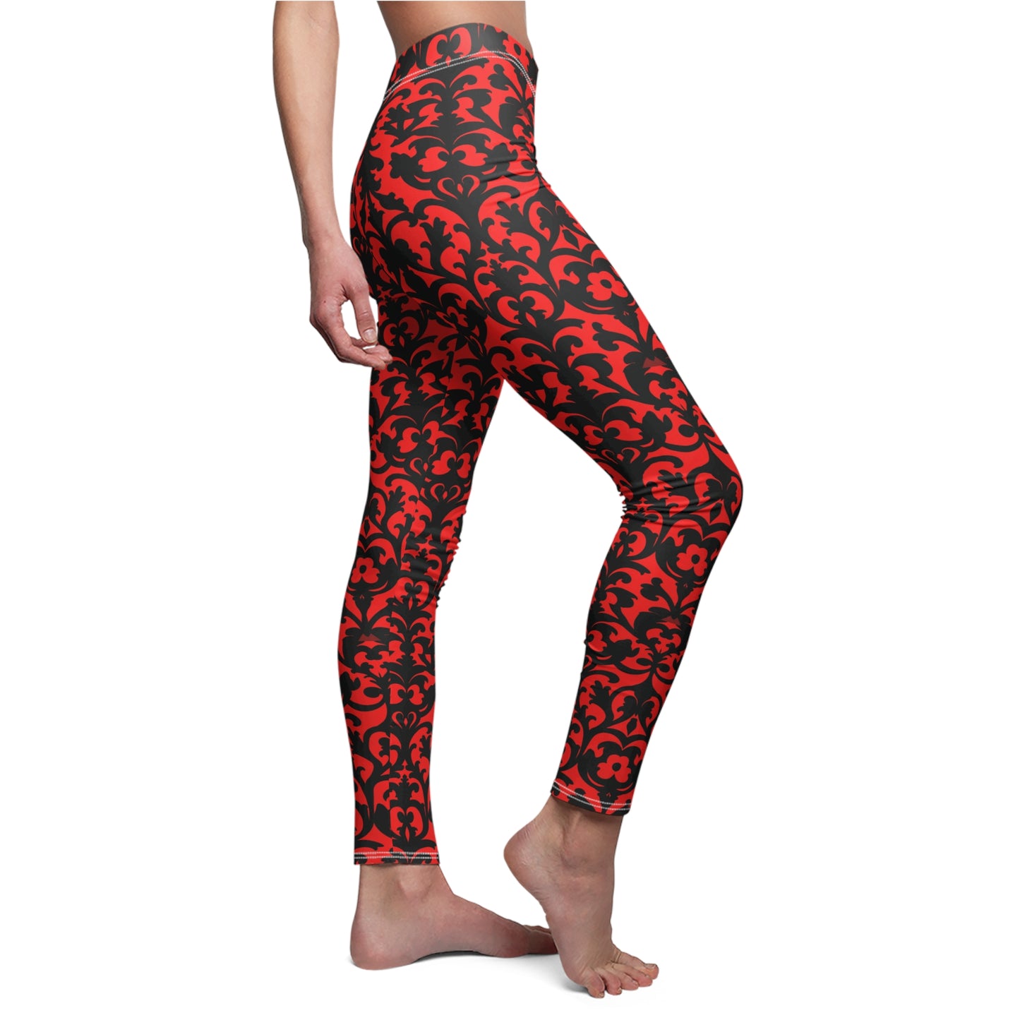 Red Victorian Gothic Damask Women's Cut & Sew Casual Leggings (AOP)