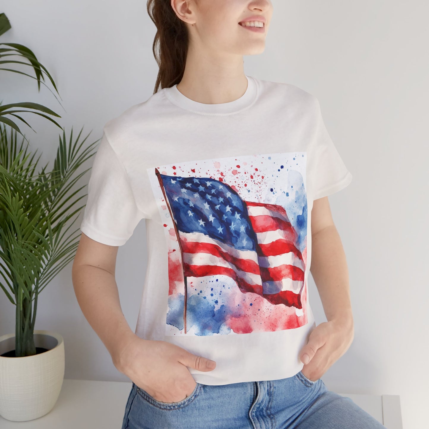 Patriotic Watercolor Flag Tee - Unisex Short Sleeve Shirt for Independence Day