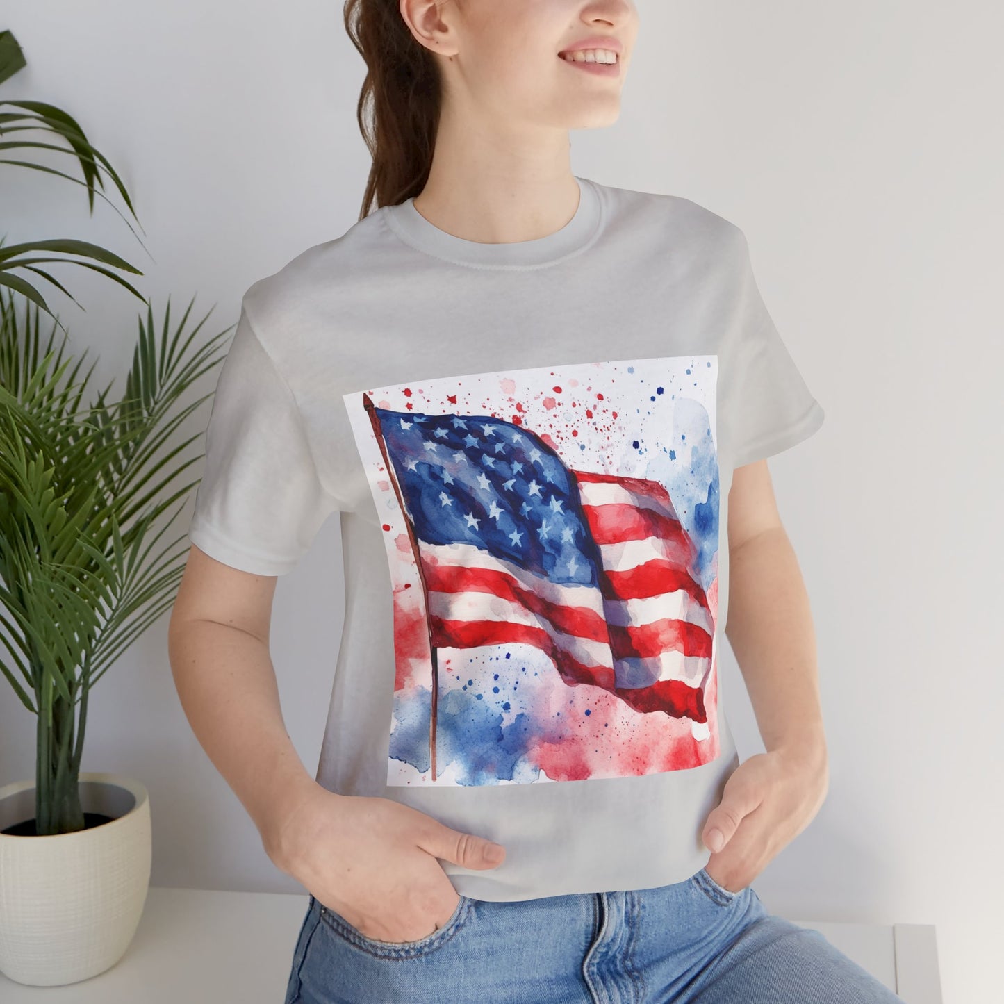 Patriotic Watercolor Flag Tee - Unisex Short Sleeve Shirt for Independence Day