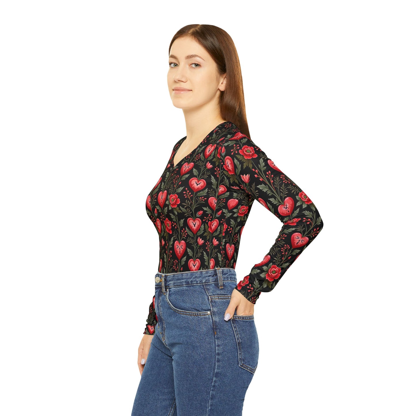 Heart Flowers Women's Long Sleeve V-neck Shirt (AOP)