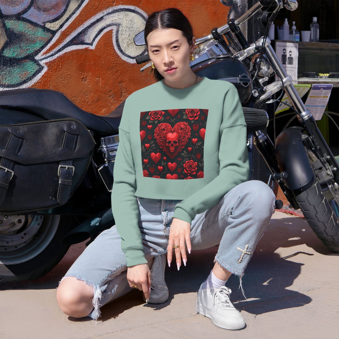 Skull Heart Valentine's Women's Cropped Sweatshirt