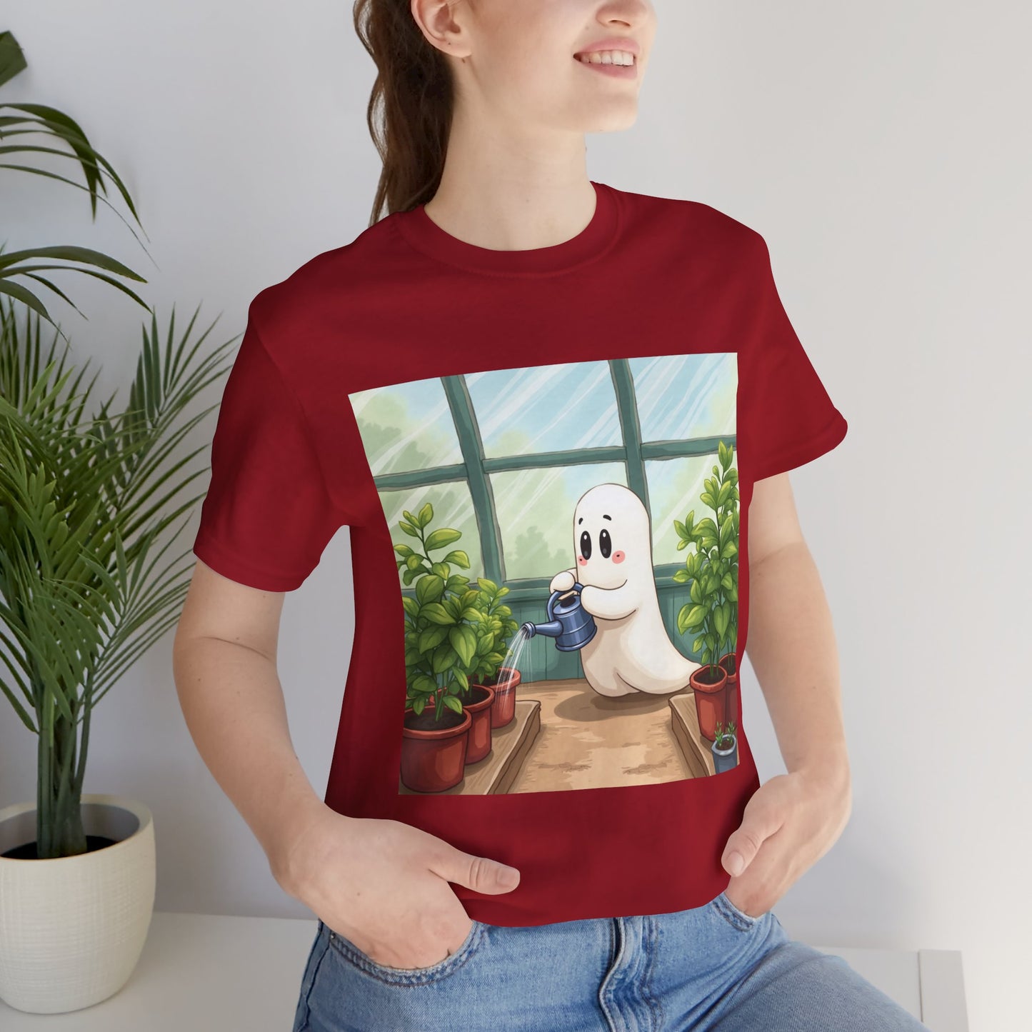 Cute Ghost Plant Watering Plants Unisex Tee - Fun Gardening Shirt