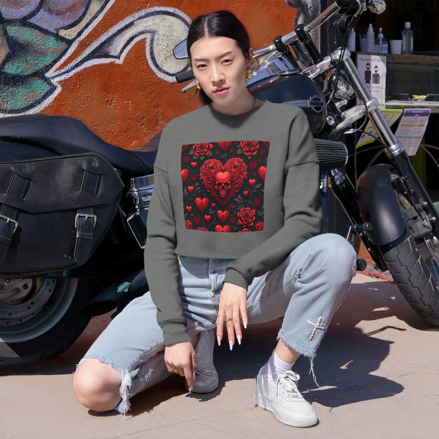 Skull Heart Valentine's Women's Cropped Sweatshirt