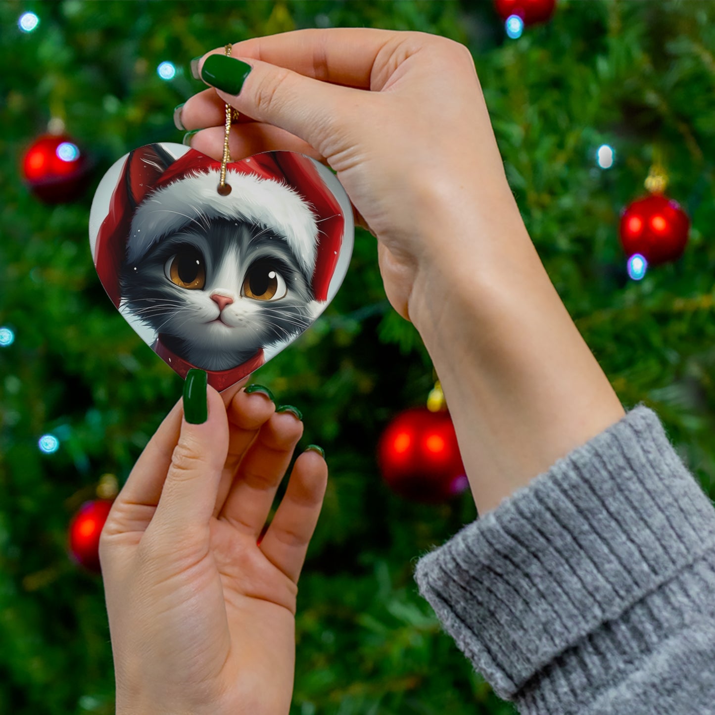 Adorable Cat Holiday Ceramic Ornament, 3 Shapes