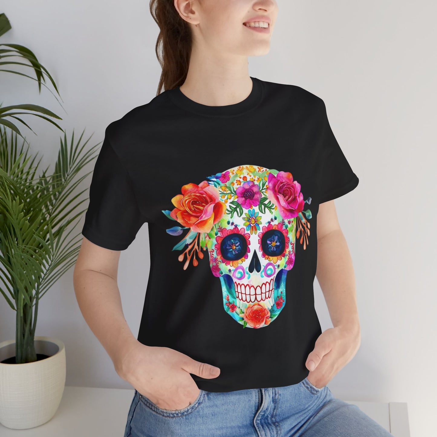 Day of the Dead Floral Sugar Skull Unisex Jersey Short Sleeve Tee