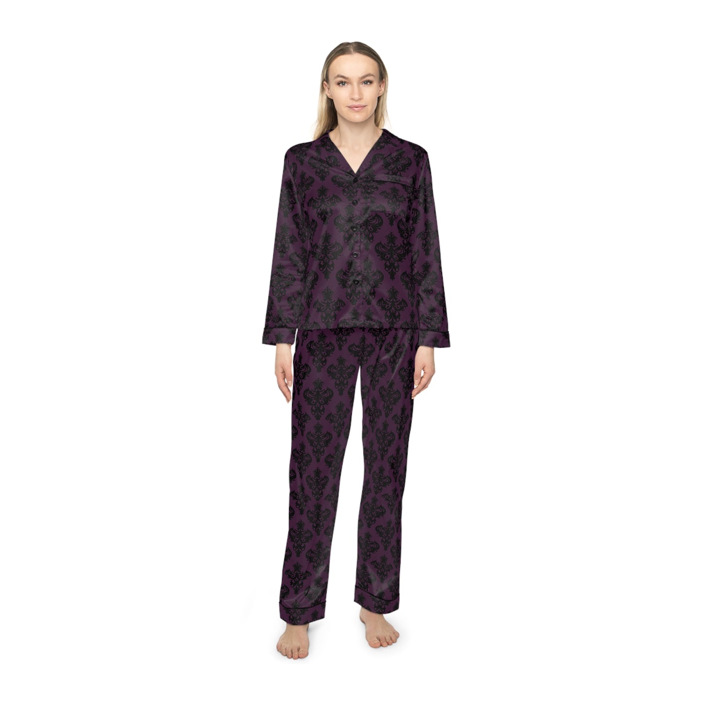 Purple and Black Victorian Damask Pattern Women's Satin Pajamas (AOP)