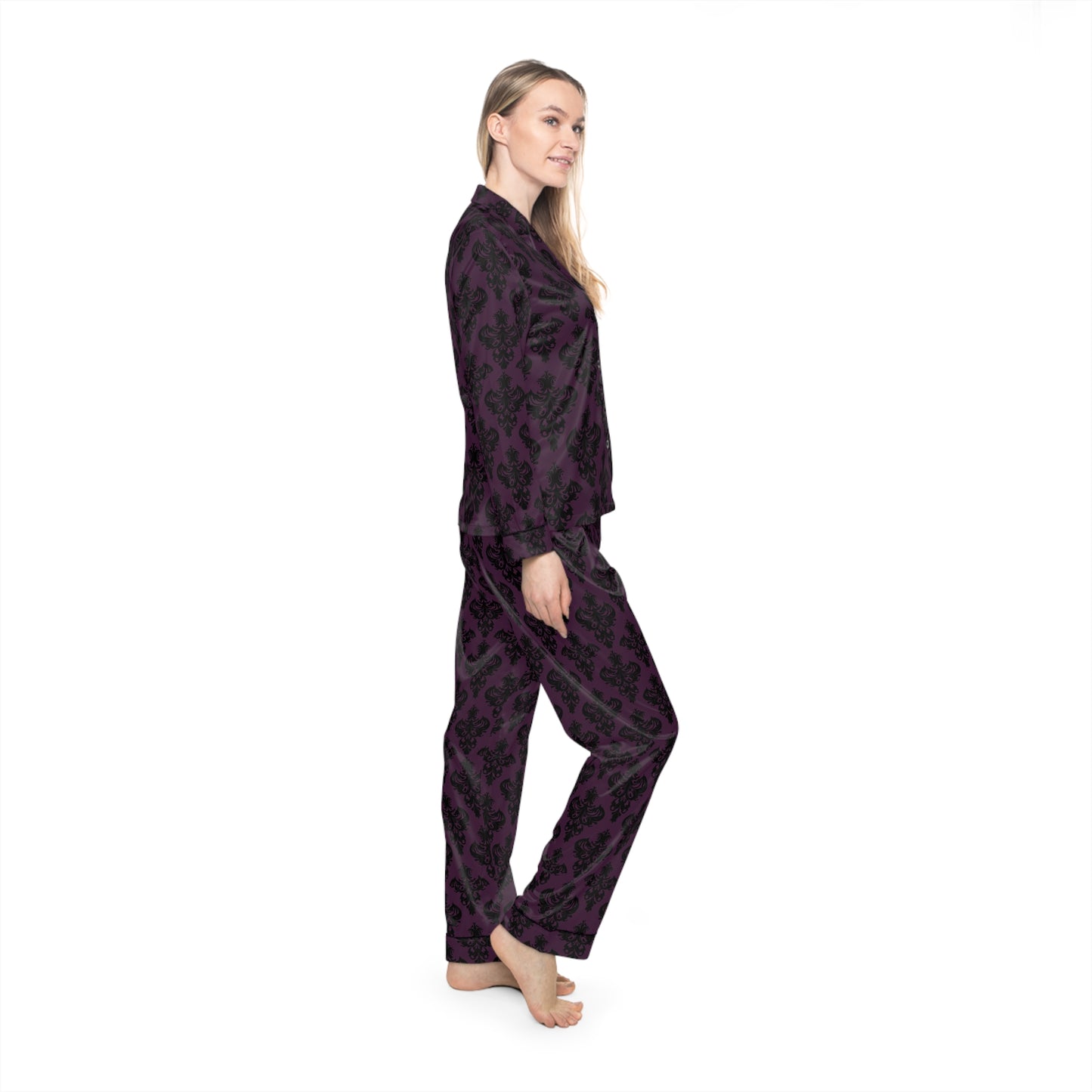 Purple and Black Victorian Damask Pattern Women's Satin Pajamas (AOP)