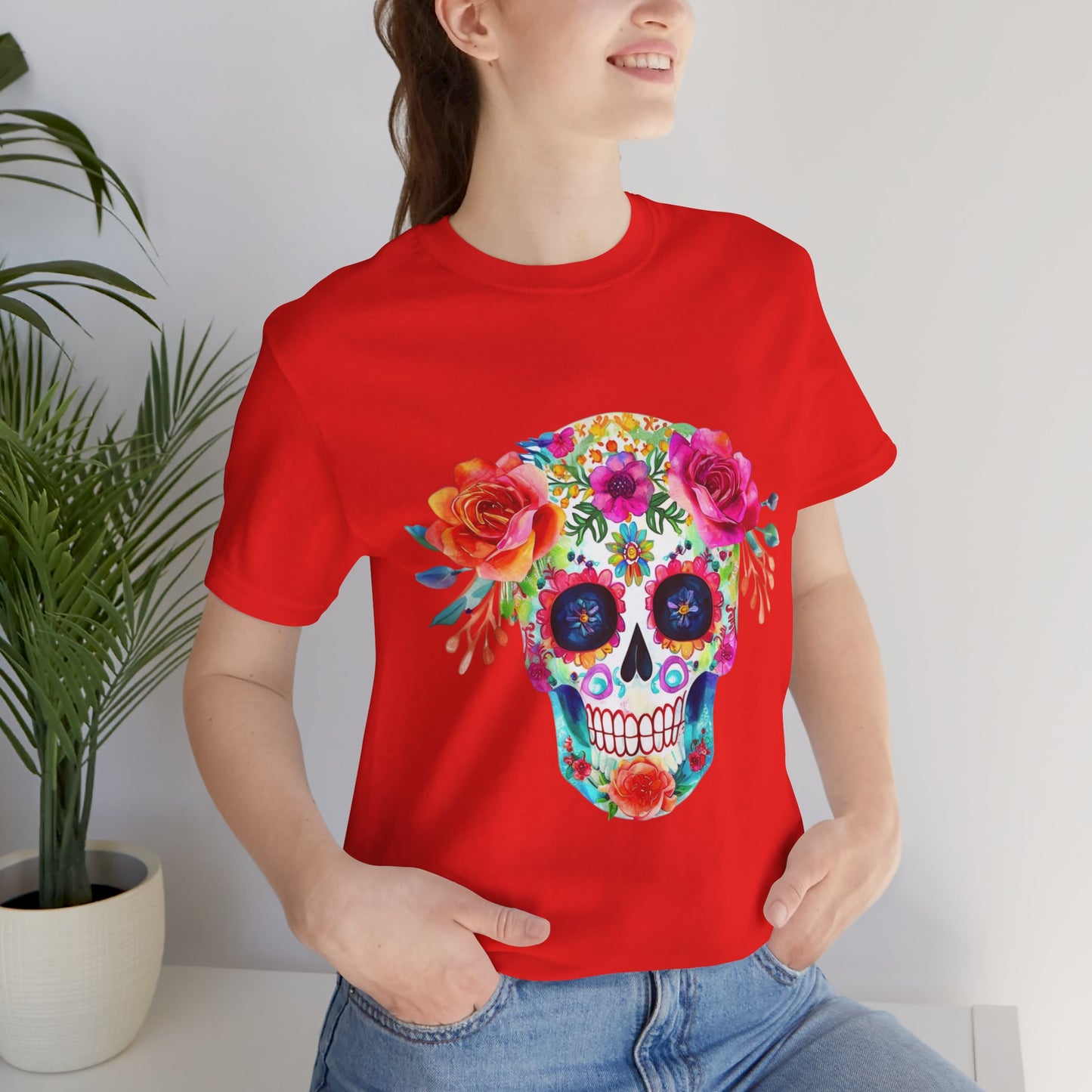 Day of the Dead Floral Sugar Skull Unisex Jersey Short Sleeve Tee