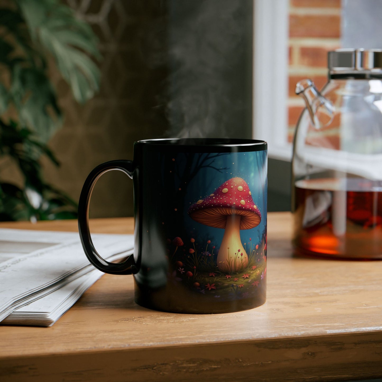 Magical Mushroom Forest Black Mug - Enchanted Forest Design (11oz & 15oz)
