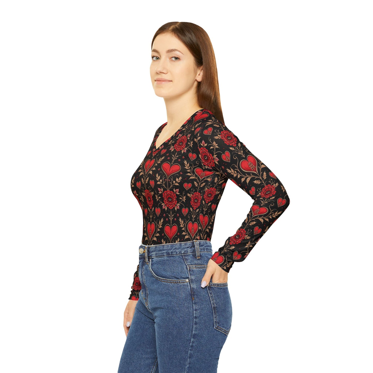 Heart Rose Women's Long Sleeve V-neck Shirt (AOP)