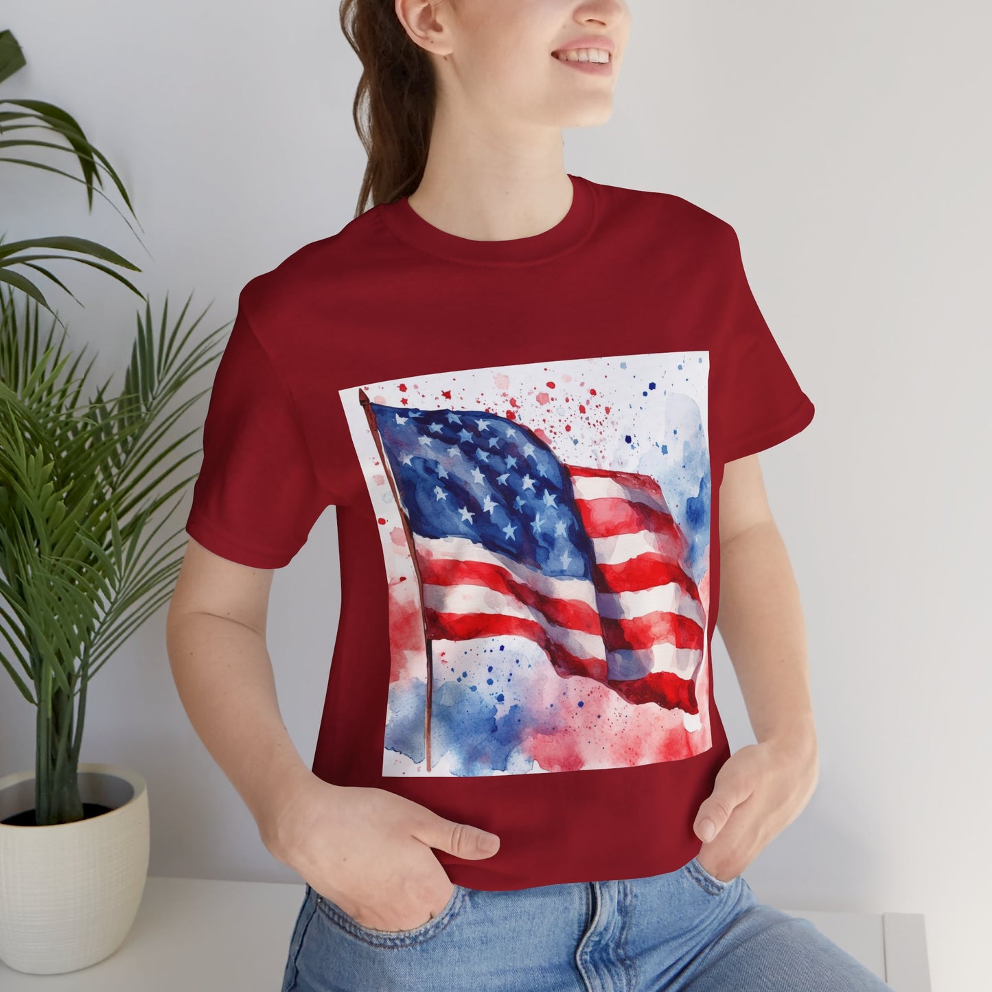 Patriotic Watercolor Flag Tee - Unisex Short Sleeve Shirt for Independence Day
