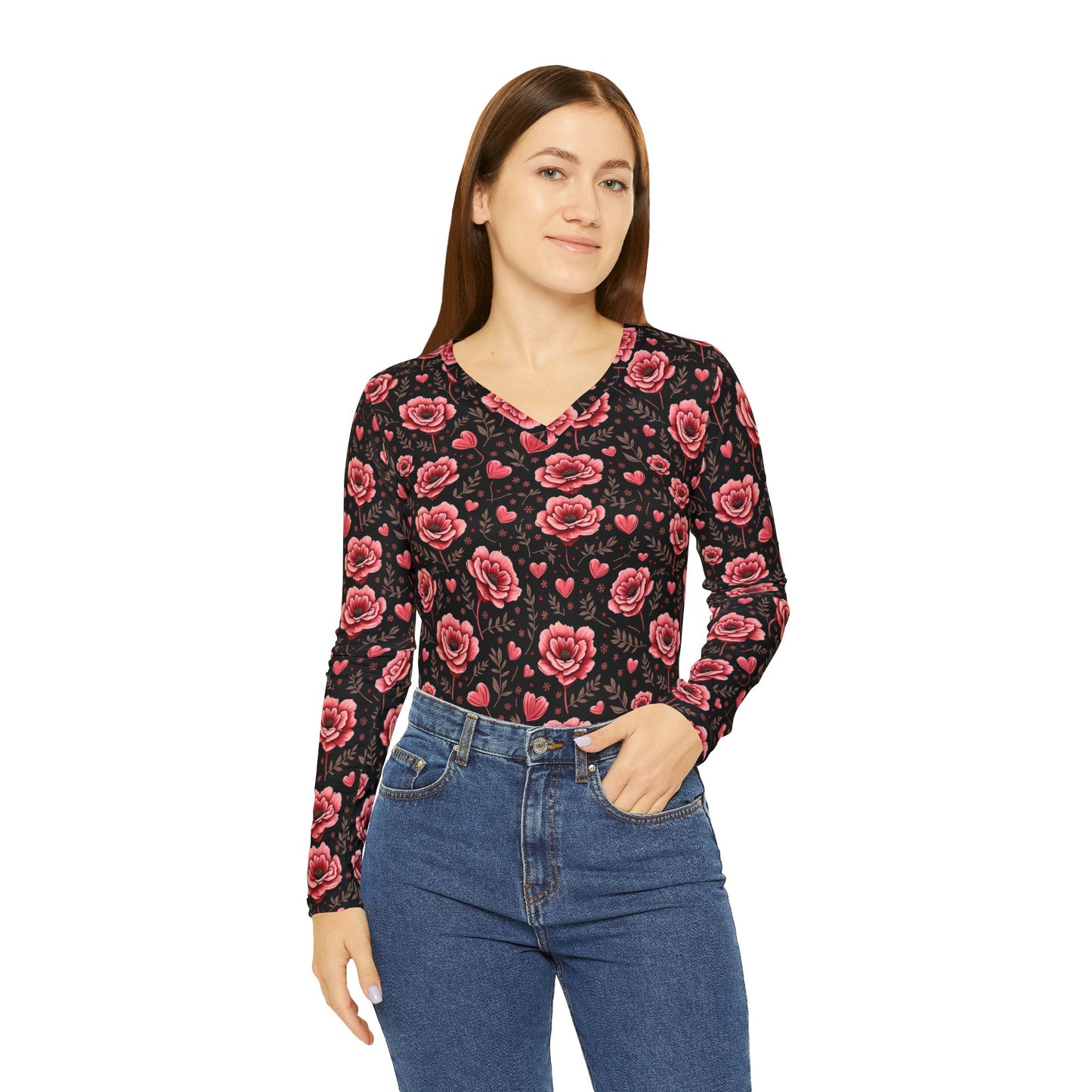 Floral Heart Embrace Women's Long Sleeve V-neck Shirt (AOP)
