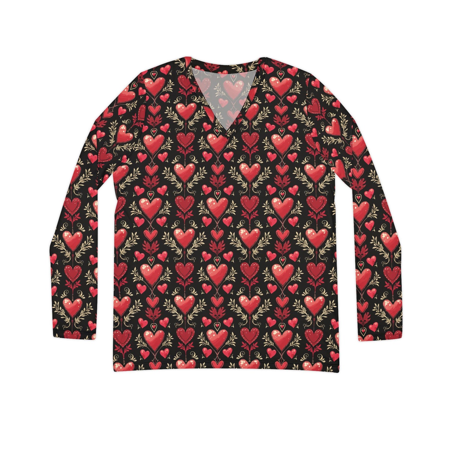 Long Sleeve Shirt Gothic Style Cartoon Hearts V-Neck Women's