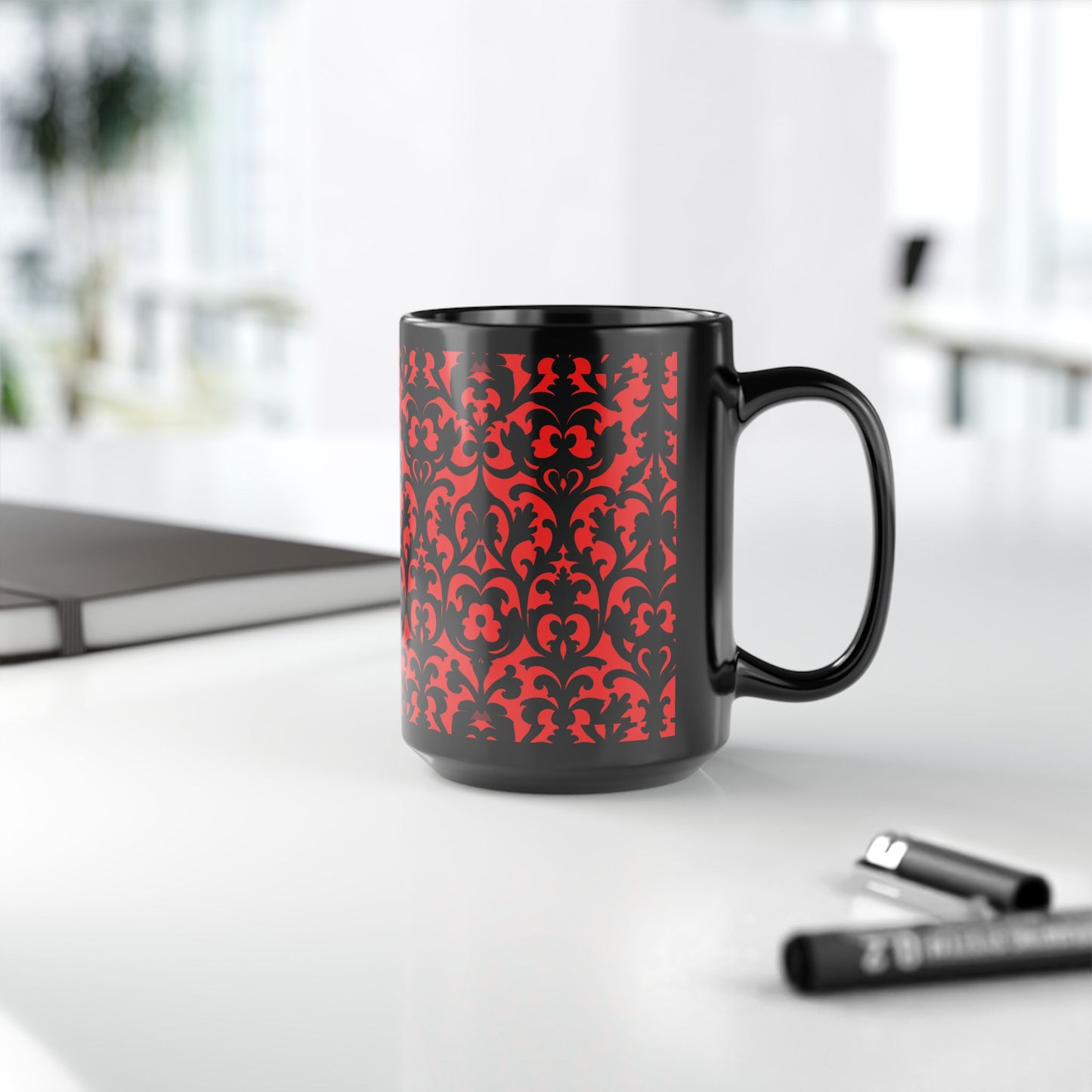 Red Victorian Gothic Damask Black Mug (11oz, 15oz)