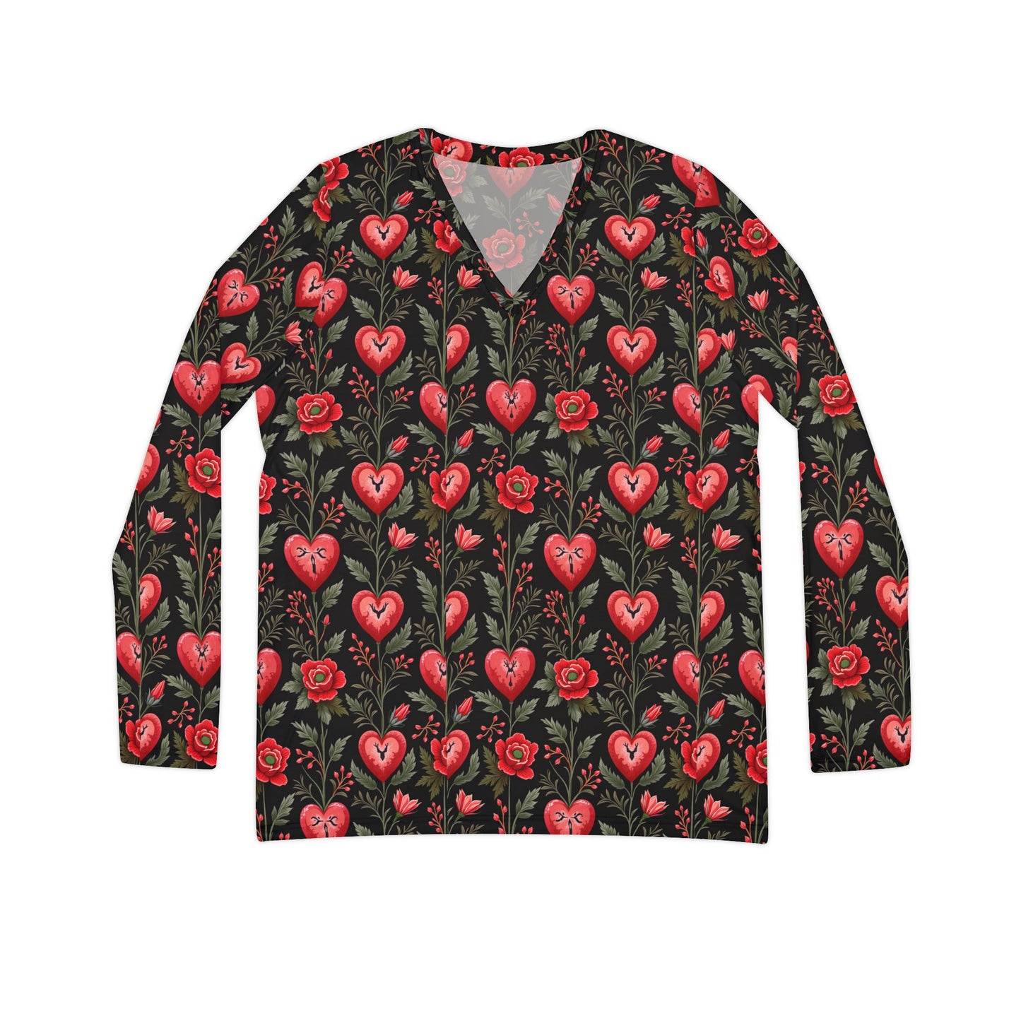 Heart Flowers Women's Long Sleeve V-neck Shirt (AOP)