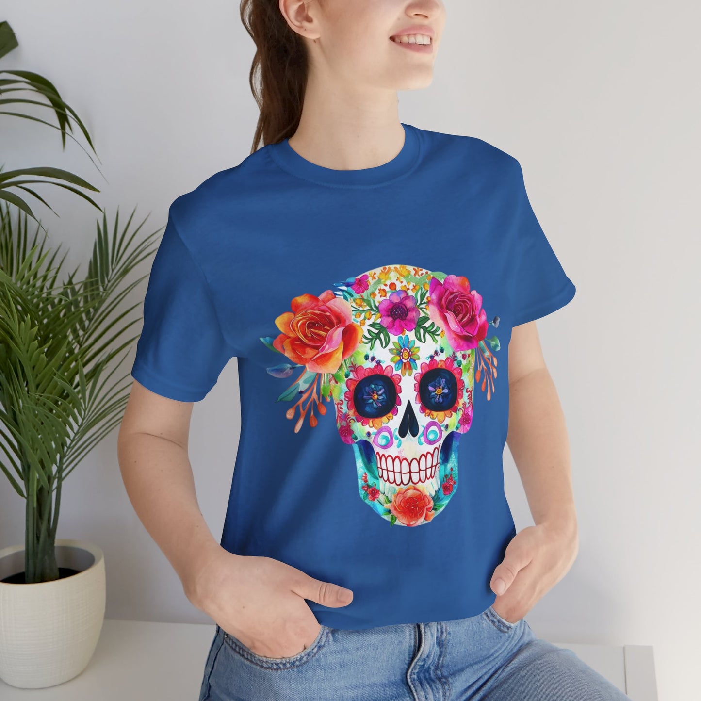 Day of the Dead Floral Sugar Skull Unisex Jersey Short Sleeve Tee