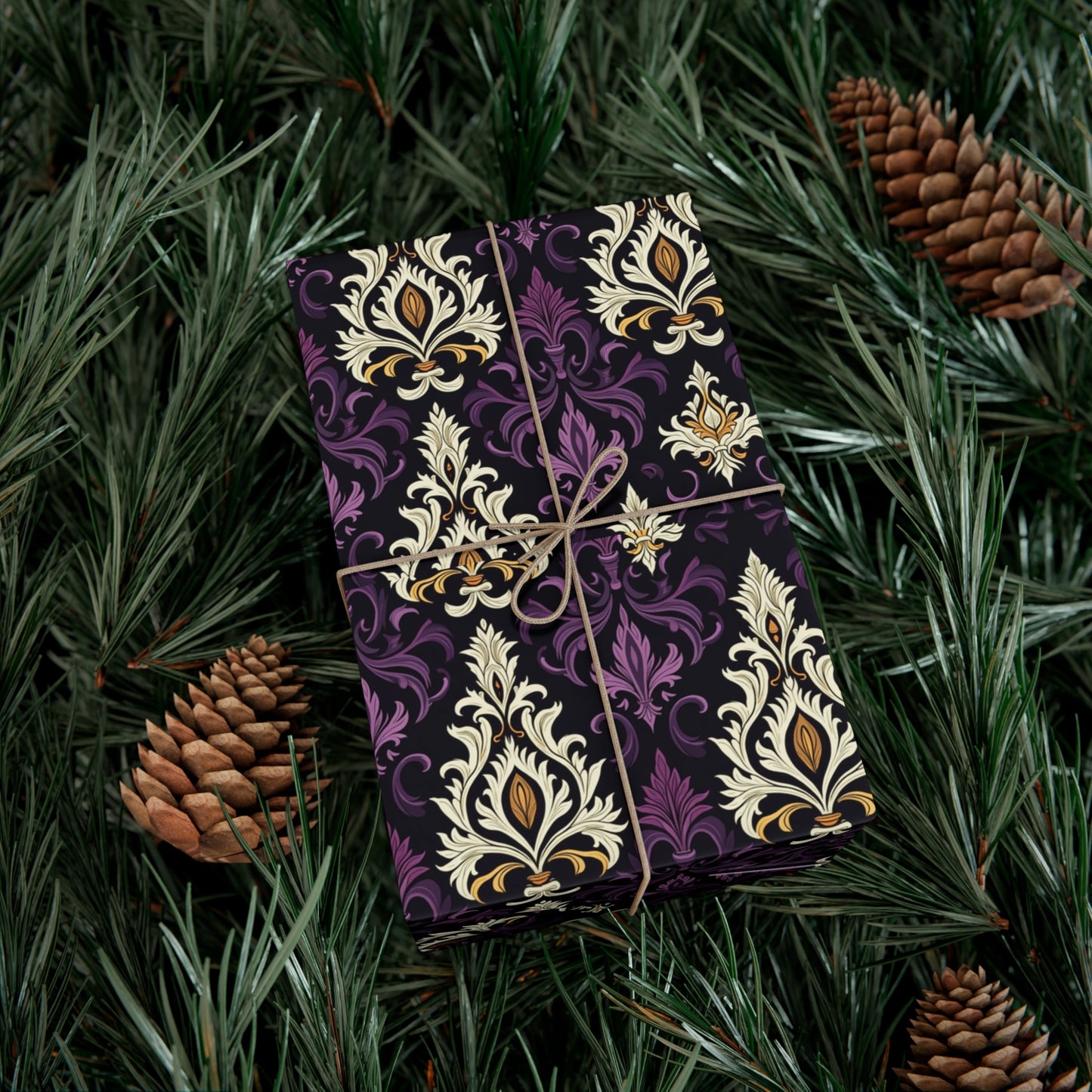 Purple, Yellow, Black and White Victorian Gothic Damask Gift Wrap Papers