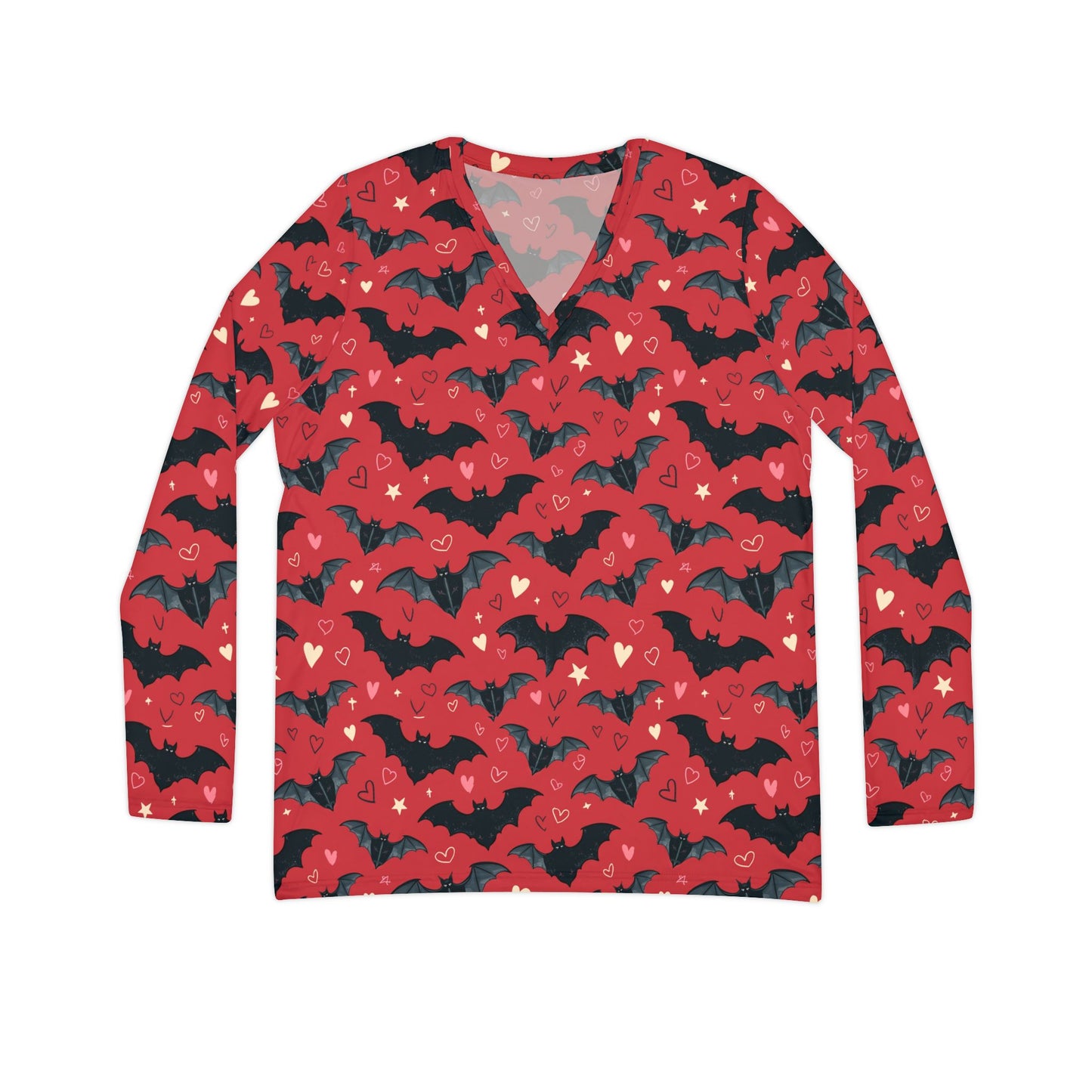 Women's Long Sleeve Shirt - Gothic Style Red Tee with Bats and Hearts