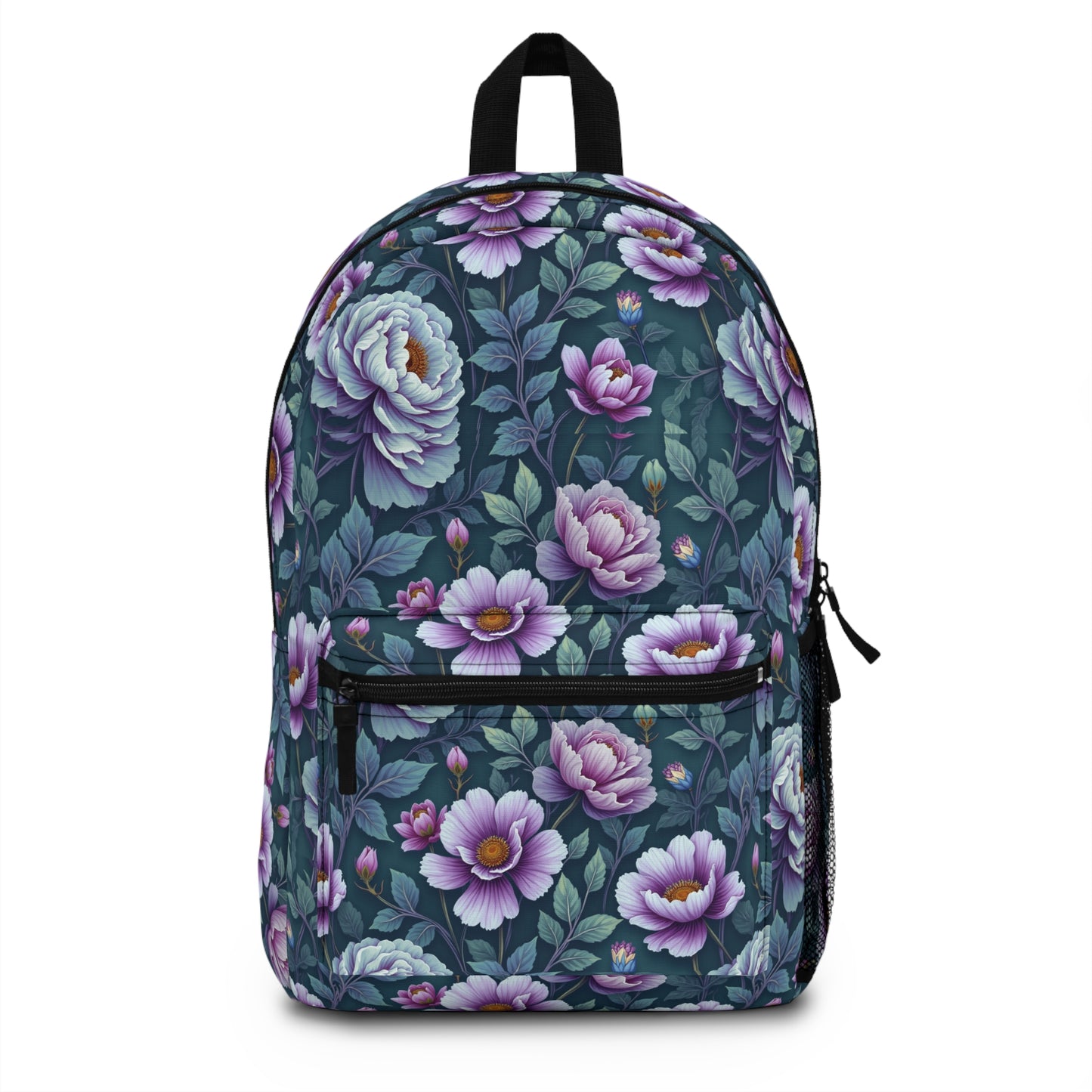 Purple and Blue Flowers Print Backpack - Stylish School & Travel Bag for Nature Lovers