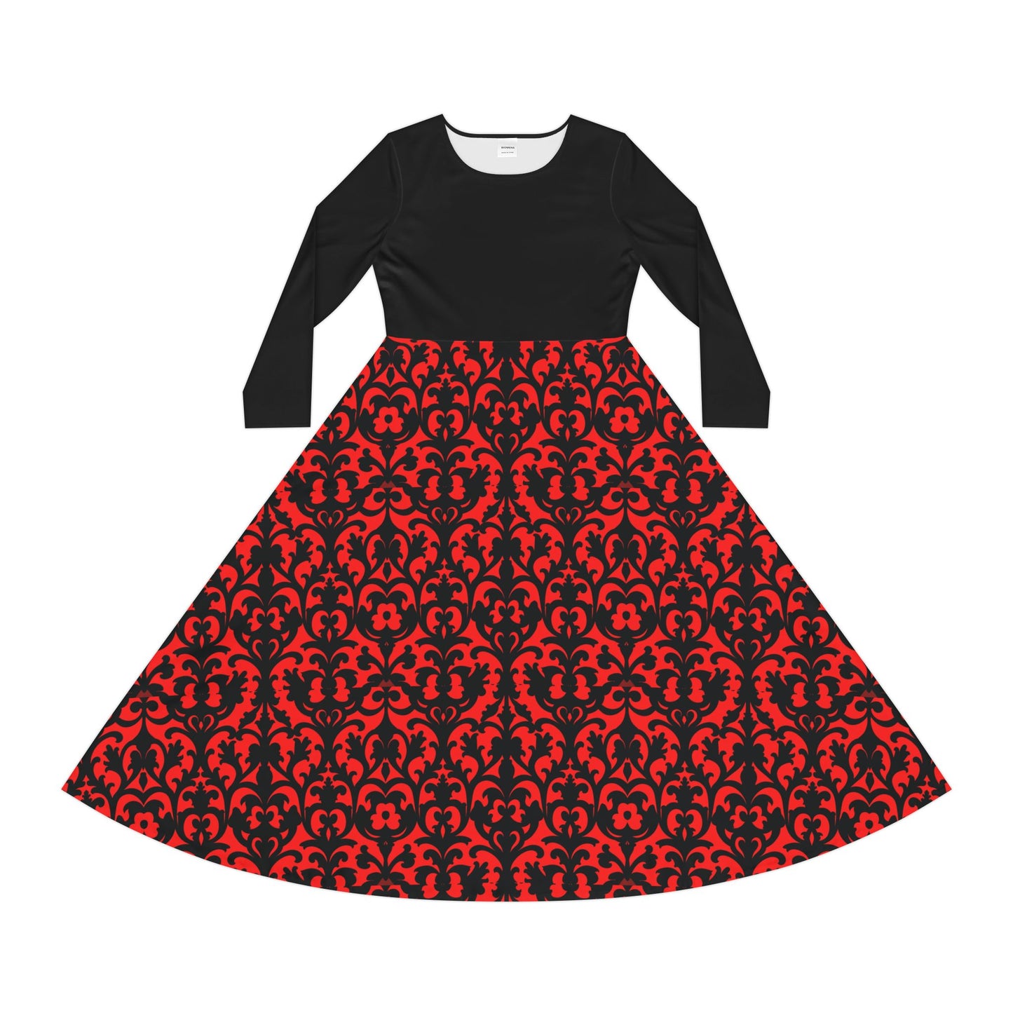 Red Victorian Gothic Damask Style Women's Long Sleeve Dance Dress (AOP)