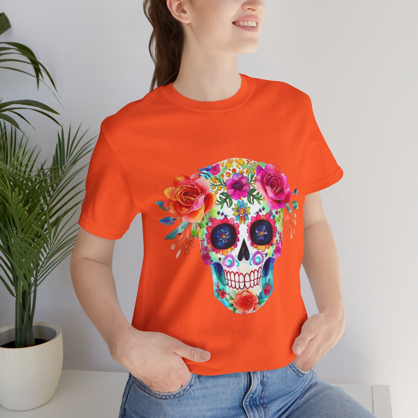 Day of the Dead Floral Sugar Skull Unisex Jersey Short Sleeve Tee