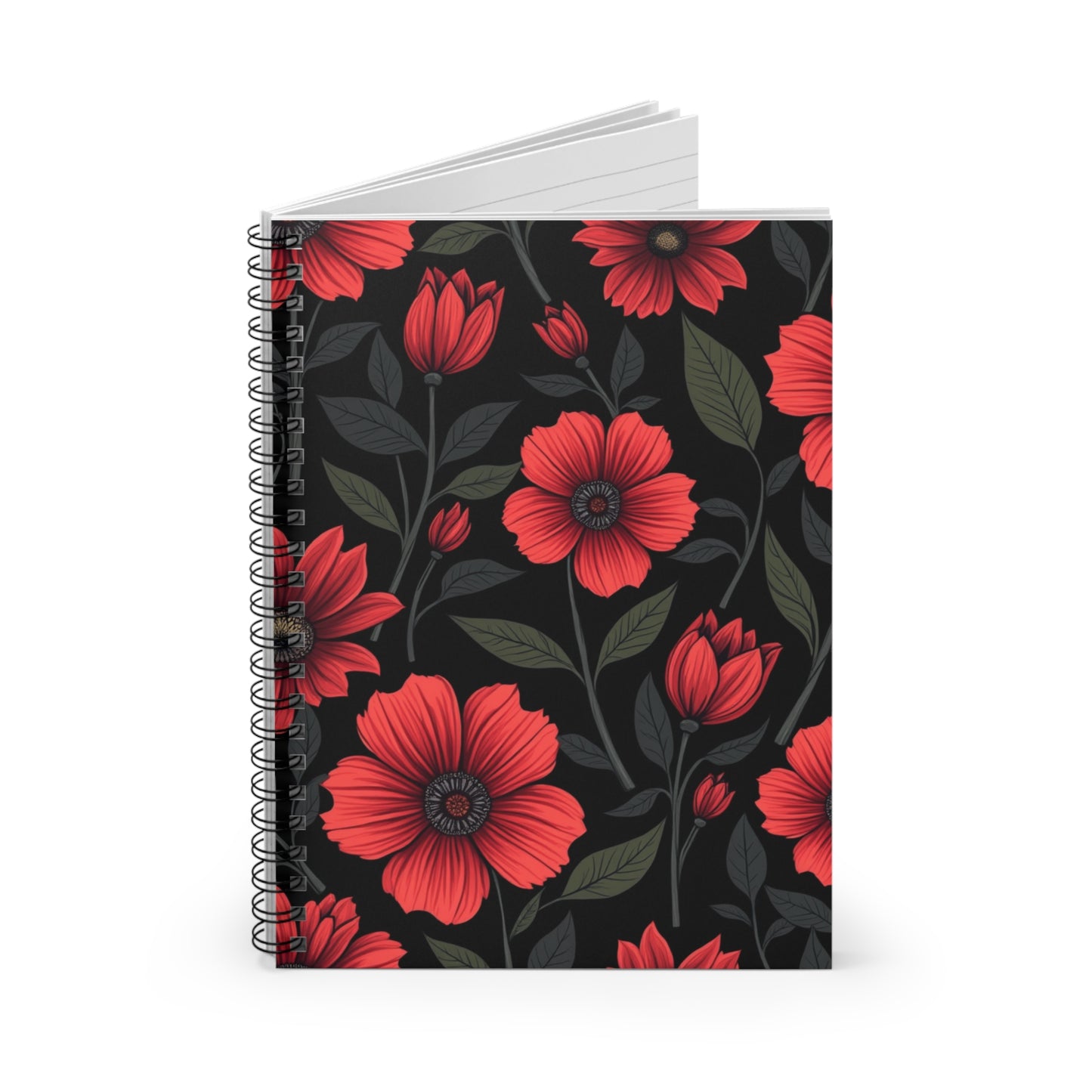 Bright Red Florals Spiral Notebook - Elegant Red Flowers on Black Background