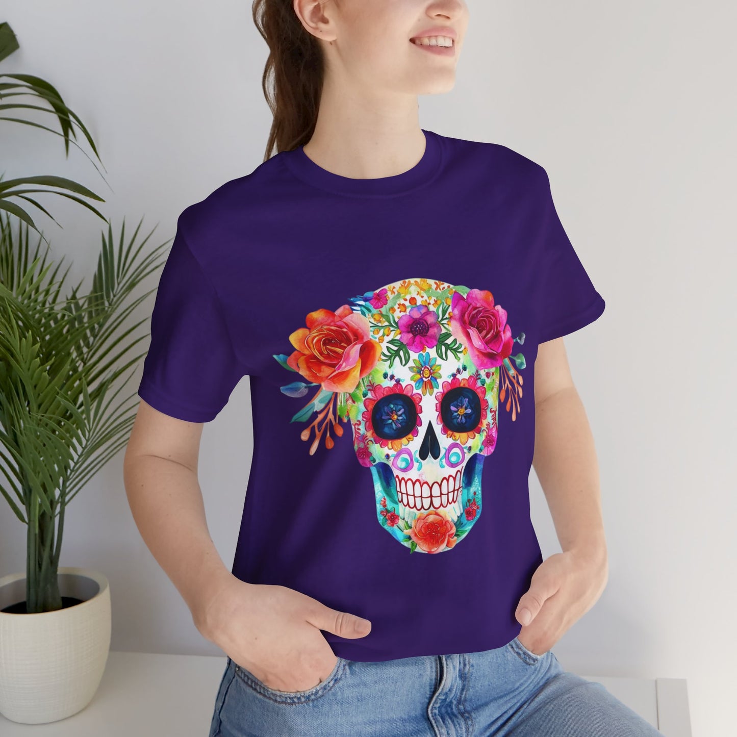 Day of the Dead Floral Sugar Skull Unisex Jersey Short Sleeve Tee