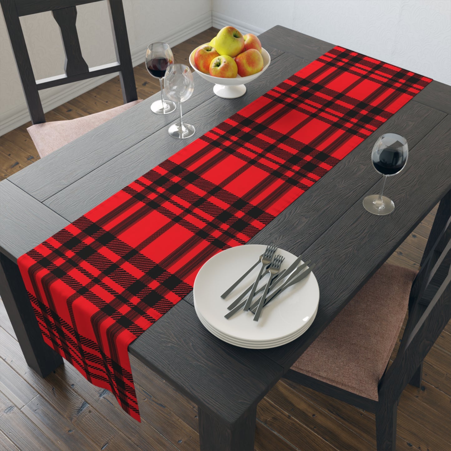 Red and Black Plaid Table Runner (Cotton, Poly)