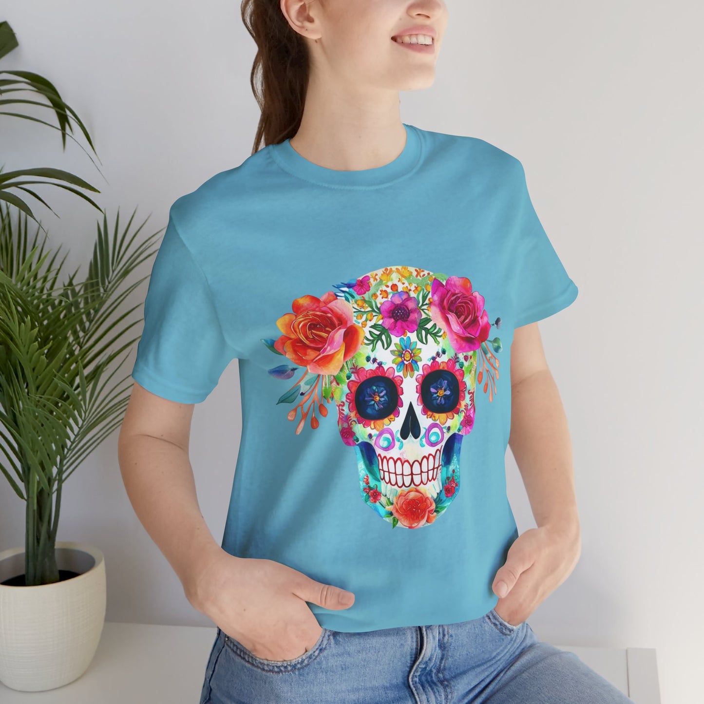 Day of the Dead Floral Sugar Skull Unisex Jersey Short Sleeve Tee