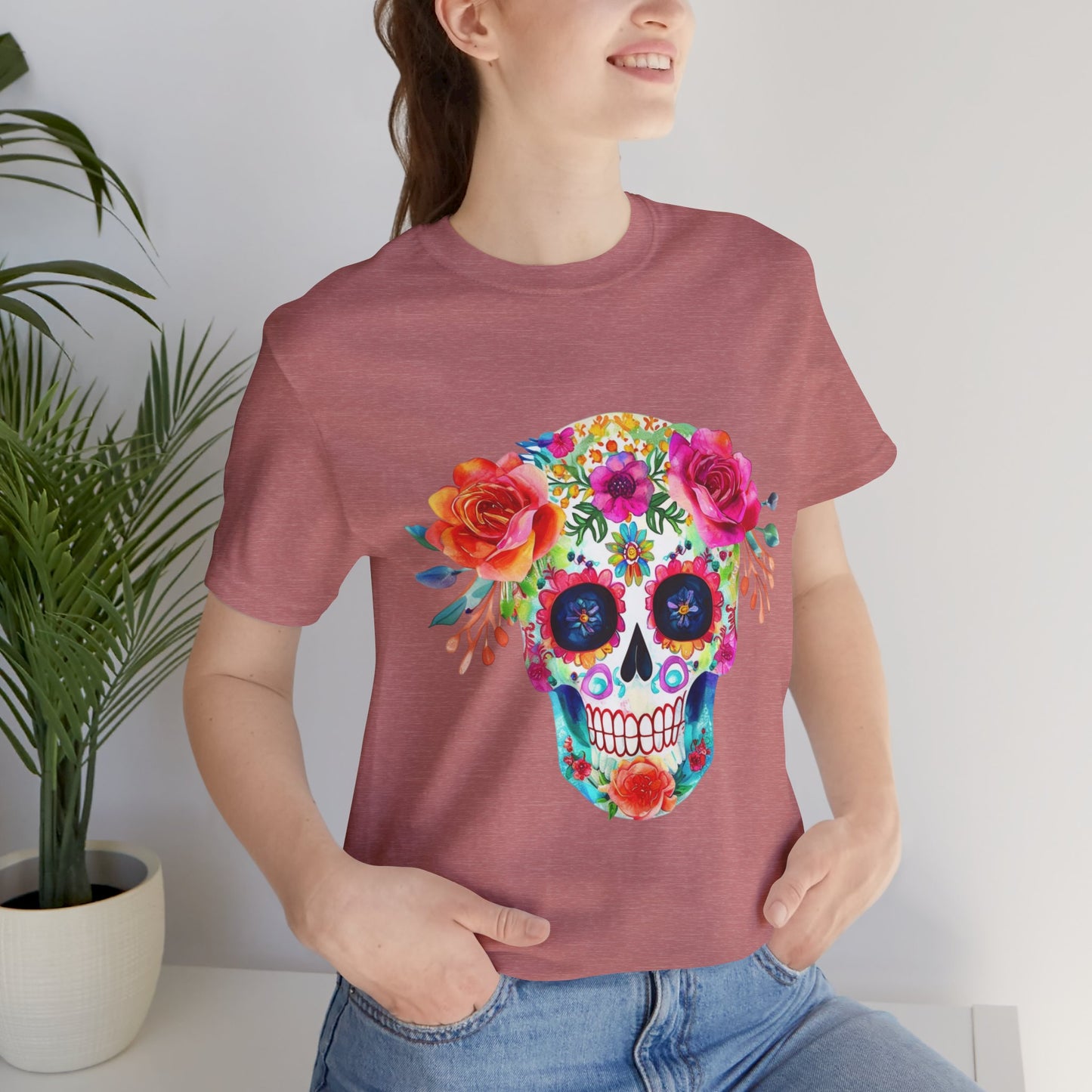 Day of the Dead Floral Sugar Skull Unisex Jersey Short Sleeve Tee