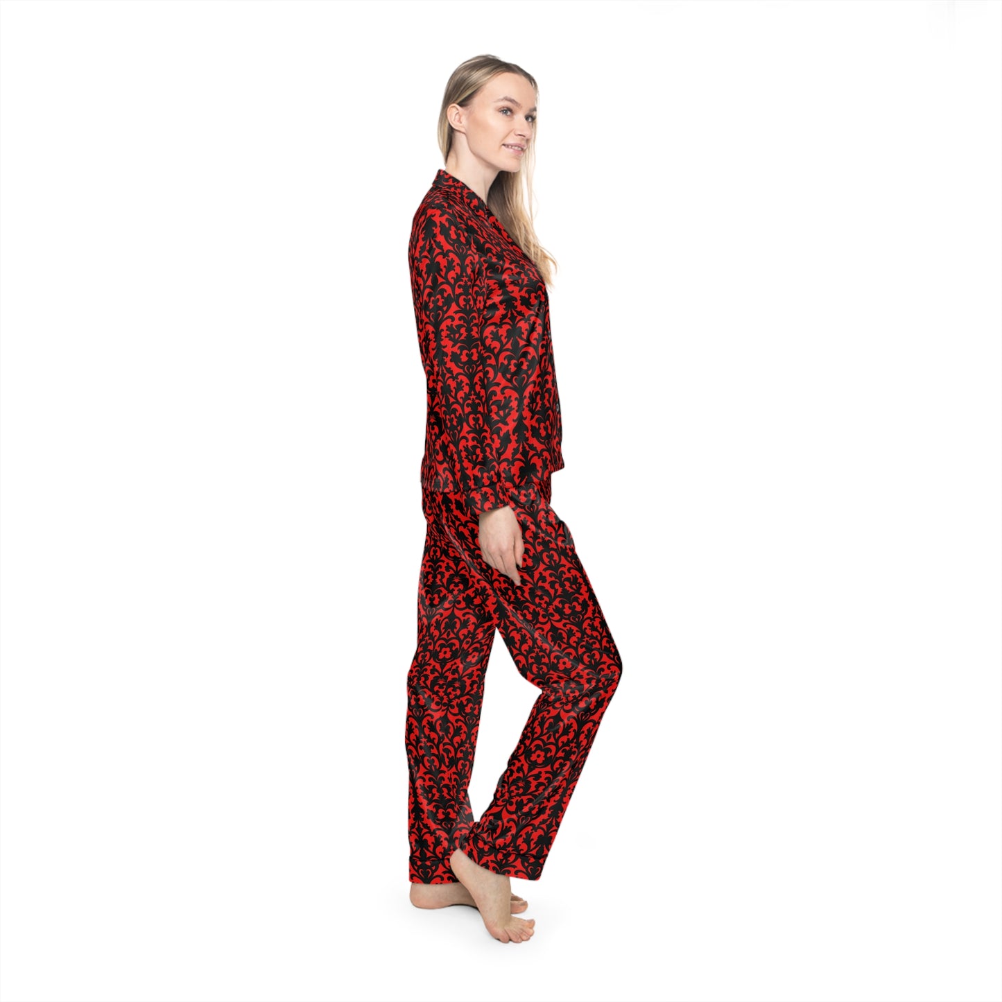Red Victorian Gothic Damask Women's Satin Pajamas (AOP)
