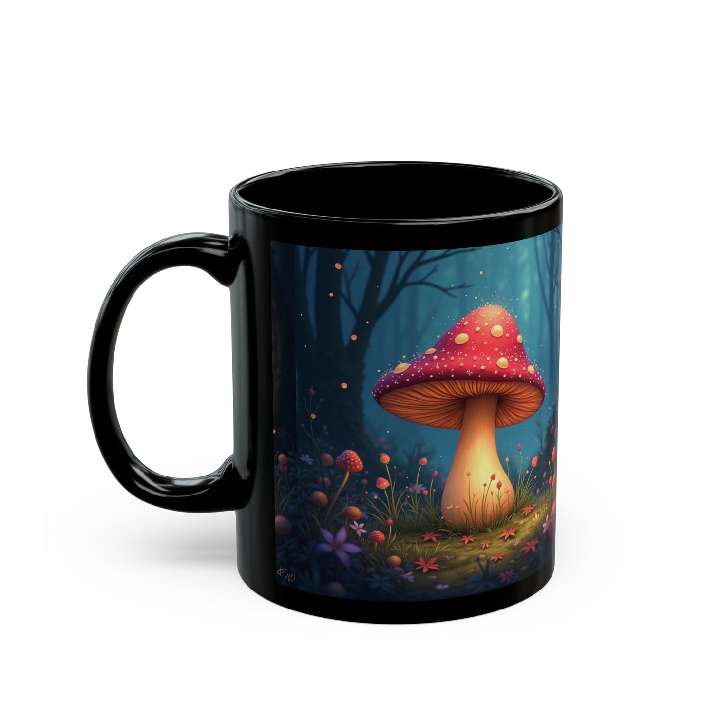 Magical Mushroom Forest Black Mug - Enchanted Forest Design (11oz & 15oz)